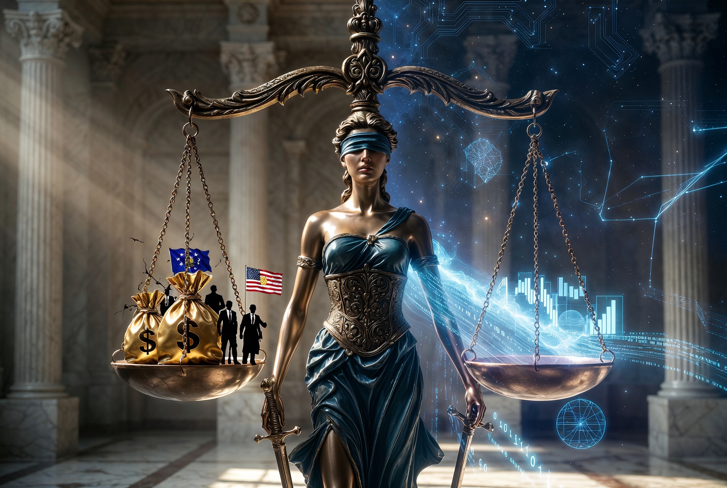 A powerful cinematic symbolic illustration perfectly capturing the essay “Big Data: Removing Bias Within The Judicial System” by SW Hammond. Center on Lady Justice standing tall and resolute in a grand marble courtroom that seamlessly fades into a digital cosmos filled with subtle stars and circuit constellations. She is blindfolded, holding her sword of authority firmly in one hand. Her traditional golden scales of justice are dramatically tipped to the left, weighed down heavily by symbols of corruption and two-tiered justice: heavy gold money bags, political party flags, shadowy elite figures, and cracked chains. From the right side, glowing electric-blue streams of pure data — flowing binary code, neural network connections, clean algorithm points, and sabermetrics-style metrics — pour in like an unstoppable river of light, perfectly lifting, balancing, and repairing the scales with precision and hope. Dramatic volumetric lighting, moody atmosphere with deep shadows contrasted by hopeful electric-blue and warm gold accents, intellectual and defiant yet quietly optimistic mood. Highly detailed, professional, cinematic concept art fused with surreal digital elements, perfect for social media headers and website afterwords