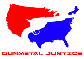 Gunmetal Justice logo. Map of the United States with a revolver in the center. Red, white, blue – reminiscent of the MLB logo.