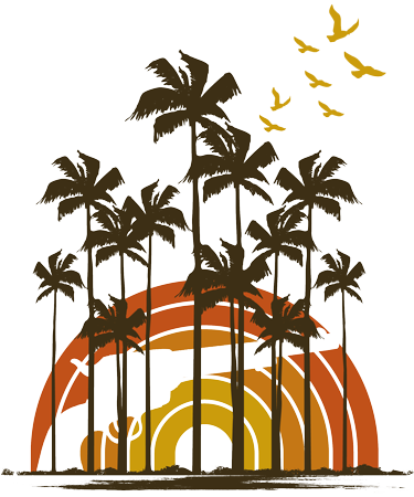 Sunset vaporwave with palm trees and revolver silhouette.