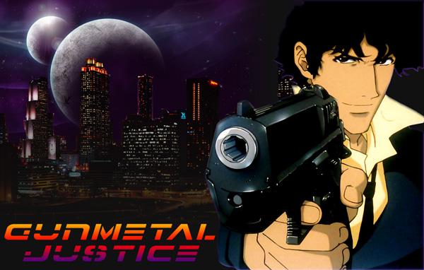 Gunmetal Justice cowboy bebop with a city skyline and planets in the background.