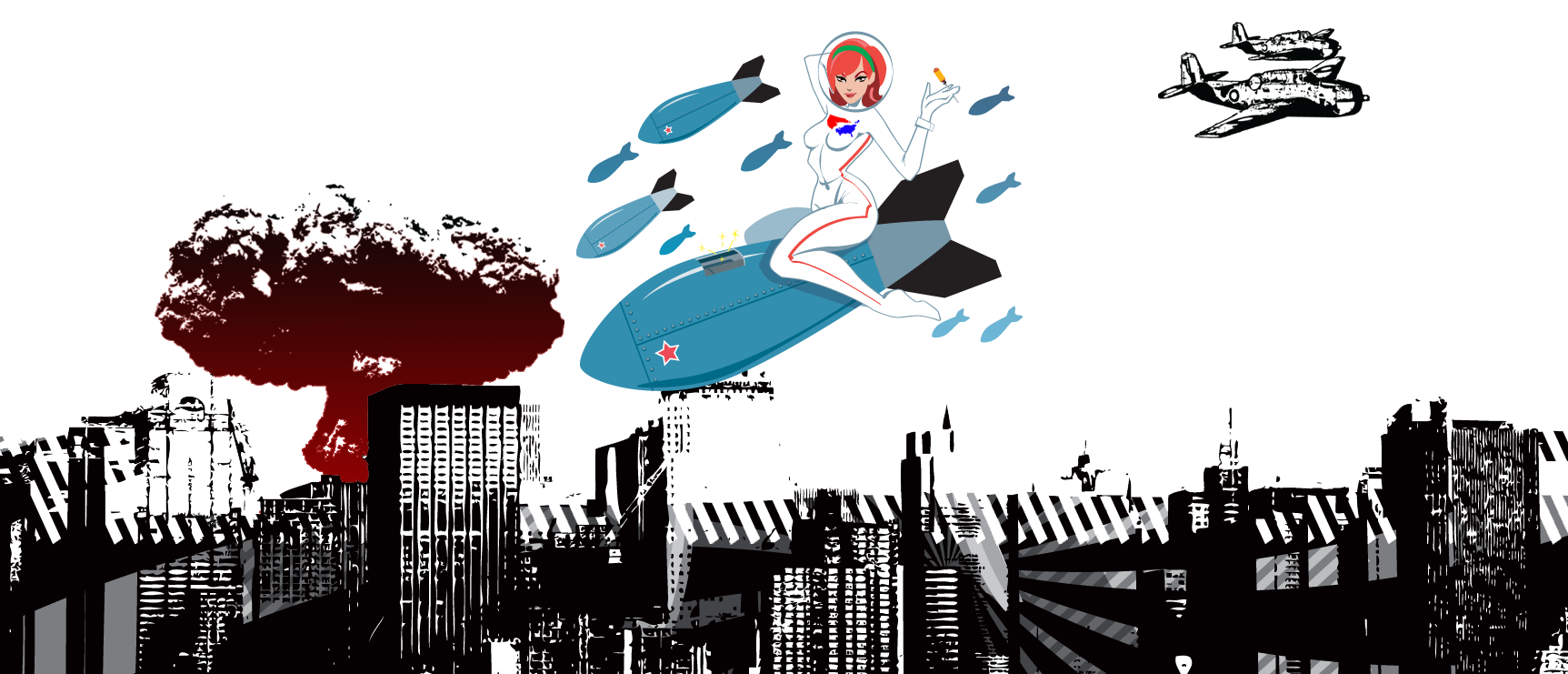 Space girl dropping bombs across a cityscape. WWII pinup style illustration mixed with contemporary black and white photography.