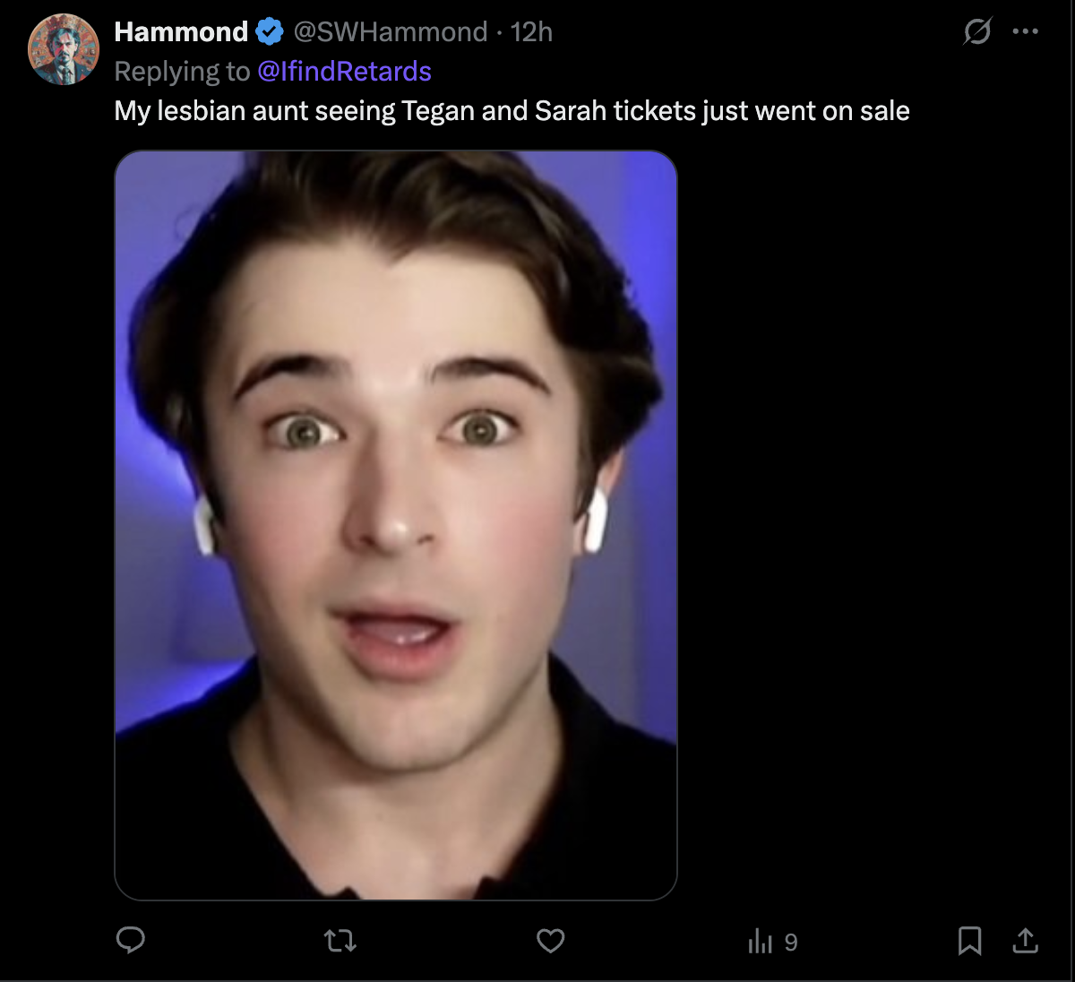 Surprised Harry Sisson with caption, "My lesbian aunt when she sees Tegan and Sarah tickets just went on sale."