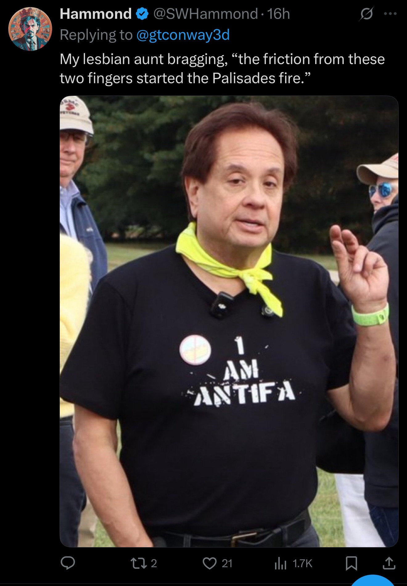 George Conway rubbing his fingers together at No Kings with the caption, "My lesbian aunt bragging, “the friction from these two fingers started the Palisades fire.”"