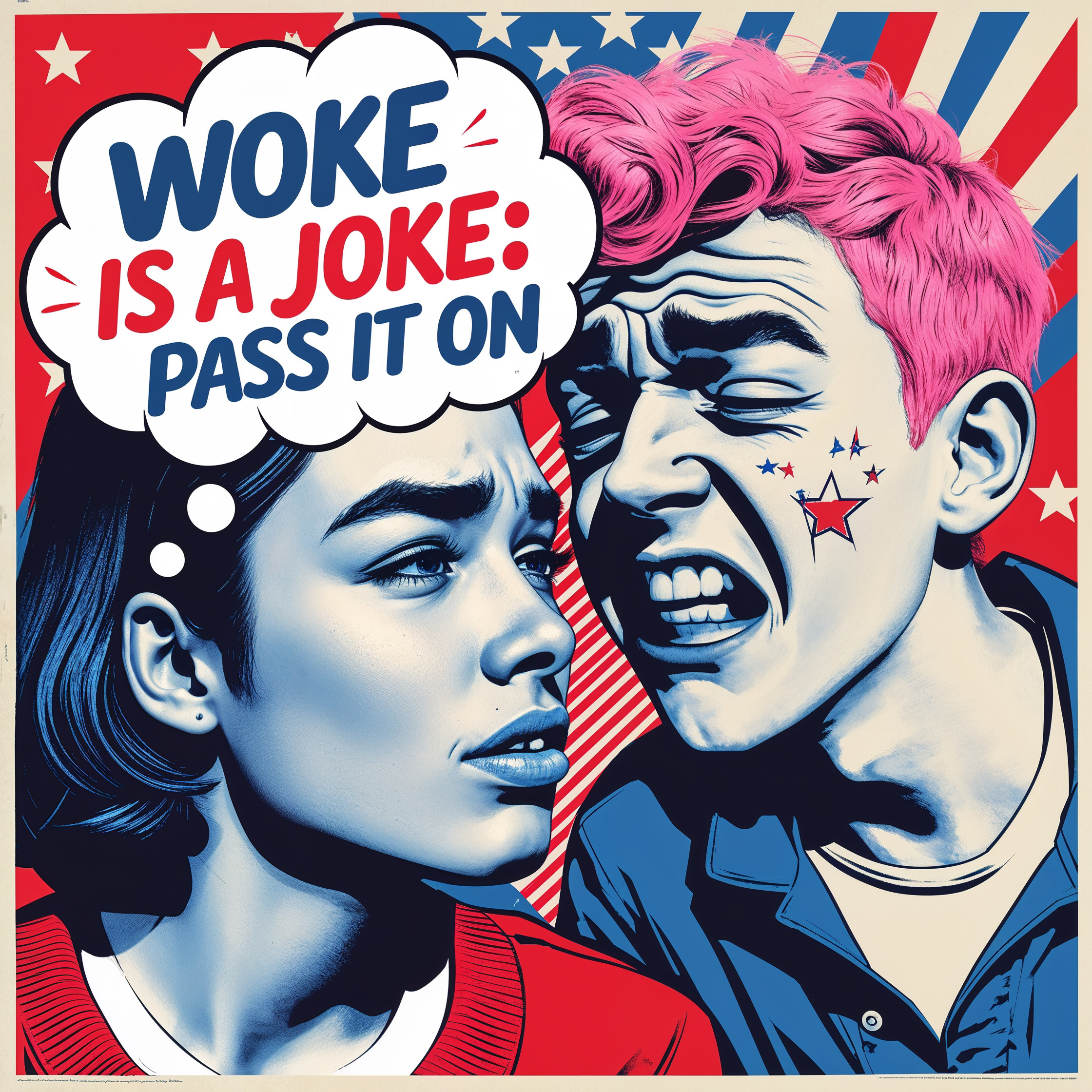 A vibrant and bold professional graphic design in pop art style, reminiscent of 1940s American propaganda posters, with a patriotic tone, featuring a central image of a college girl whispering a secret into the ear of another college boy with pink hair, the boy's facial features contorted in a comical expression of disappointment with exaggerated eyebrows. A thought bubble, surrounded by red, white, and blue colors, with bold fonts and dynamic graphics, the text "Woke Is A Joke: Pass It On" emblazoned in a stylized, cursive font, with stars and stripes patterns in the background. The overall design exuding a sense of satire and humor, with clean lines, geometric shapes, and a mix of digital and hand-drawn elements, blending nostalgia with modern pop art sensibilities.