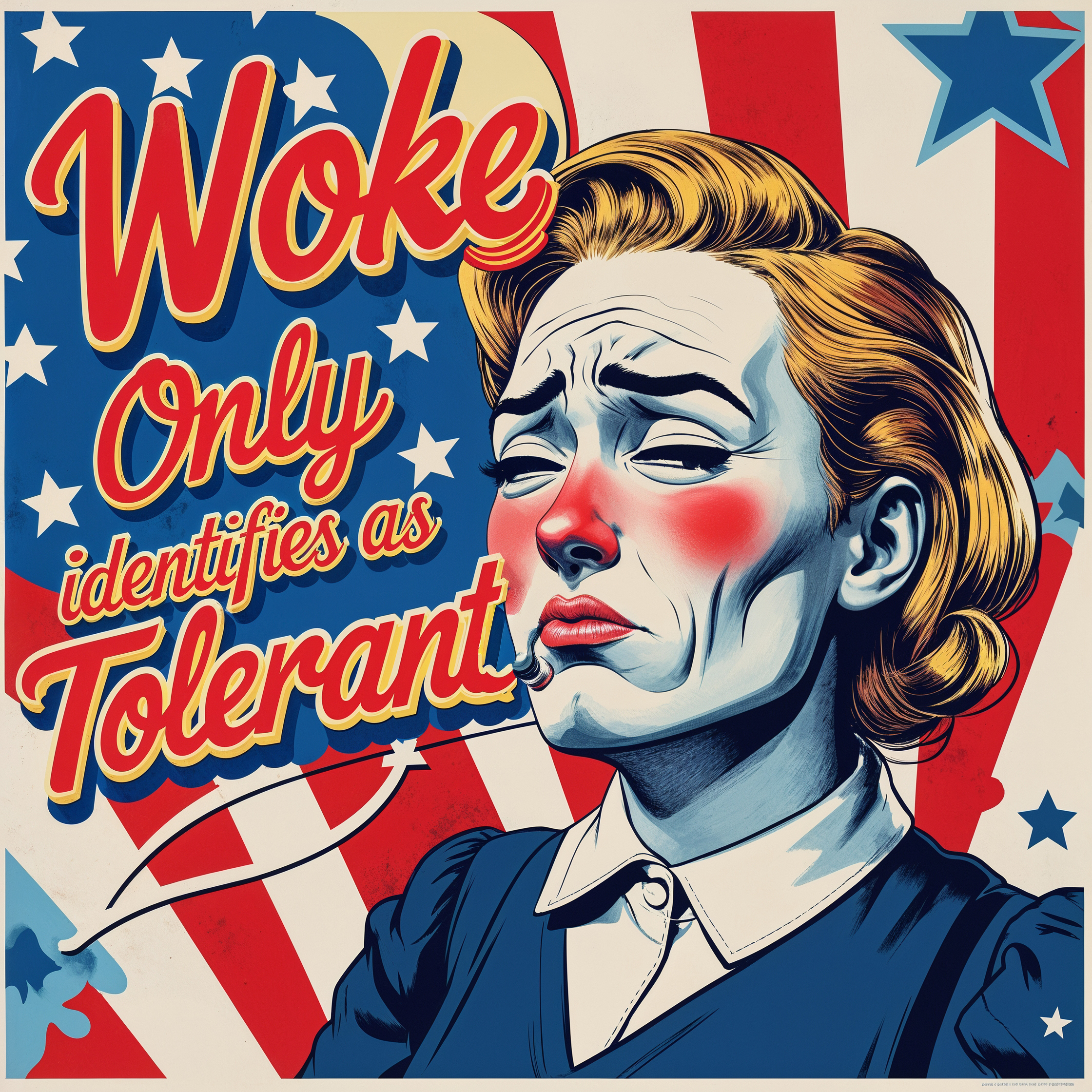 A vibrant and bold professional graphic design in pop art style, reminiscent of 1940s American propaganda posters, with a patriotic tone, featuring a central image of a person with a thought bubble, surrounded by red, white, and blue colors, with bold fonts and dynamic graphics, the text Woke only identifies as tolerant emblazoned in a stylized, cursive font with golden outlines, with stars and stripes patterns in the background, the person's facial features contorted in a comical expression of disappointment, with a pale skin tone, exaggerated eyebrows, and rosy cheeks, the overall design exuding a sense of satire and humor, with clean lines, geometric shapes, and a mix of digital and hand-drawn elements, blending nostalgia with modern pop art sensibilities, and incorporating subtle texture and shading to enhance the visual depth.
