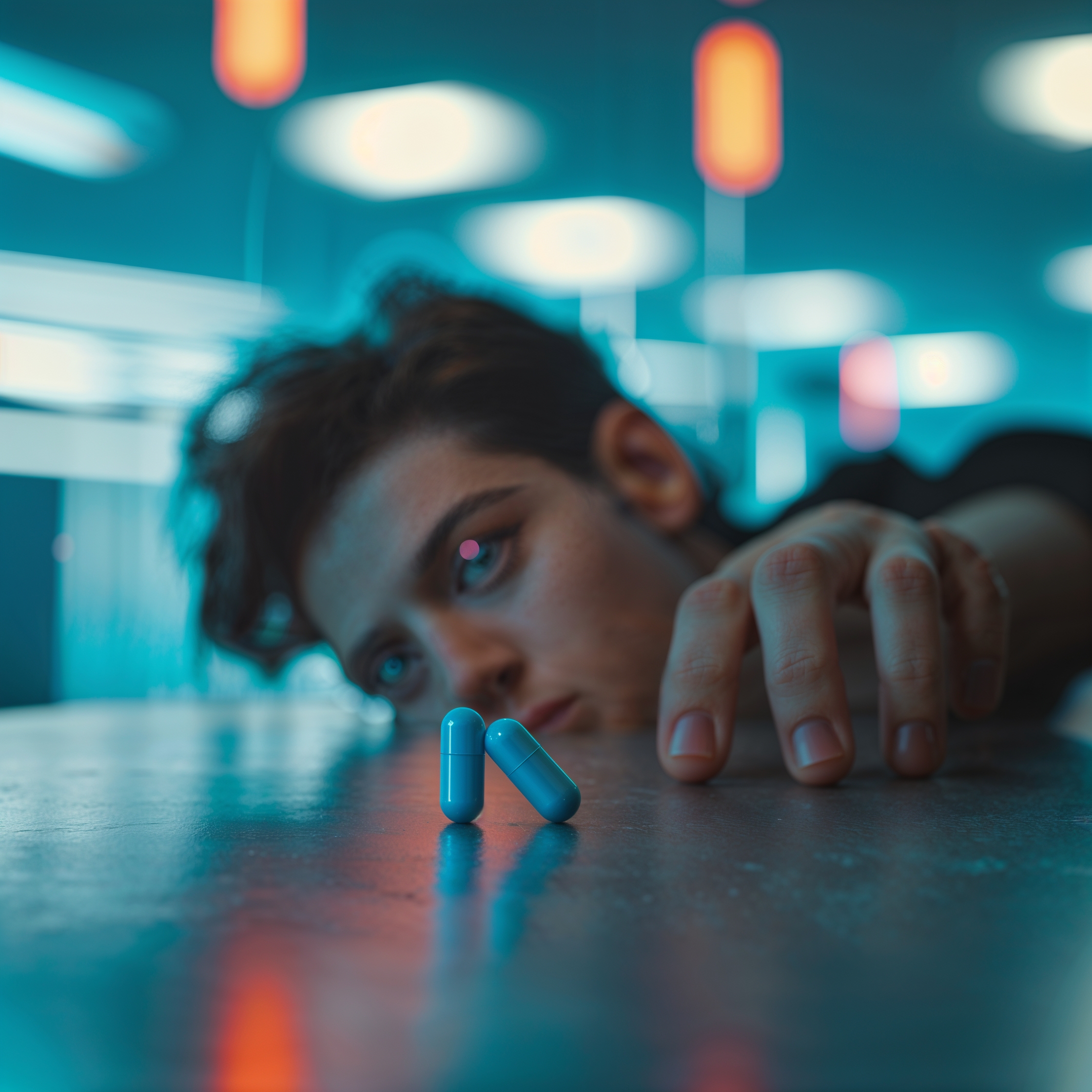 A cinematic keyframe featuring a person rejecting the blue pill, with a strong emphasis on cinematic concept and color grading, reminiscent of the styles of Maciej Kuciara, Jama Jurabaev, and Wojtek Fus, characterized by shallow depth of field, vignette, and bokeh effects, shot with a Leica M10 camera, utilizing Kodak Porta 400 and Cinestill 800 film stocks, with a filmic quality, and notable cinematic lighting, all coming together to create a visually striking image with a unique aesthetic.