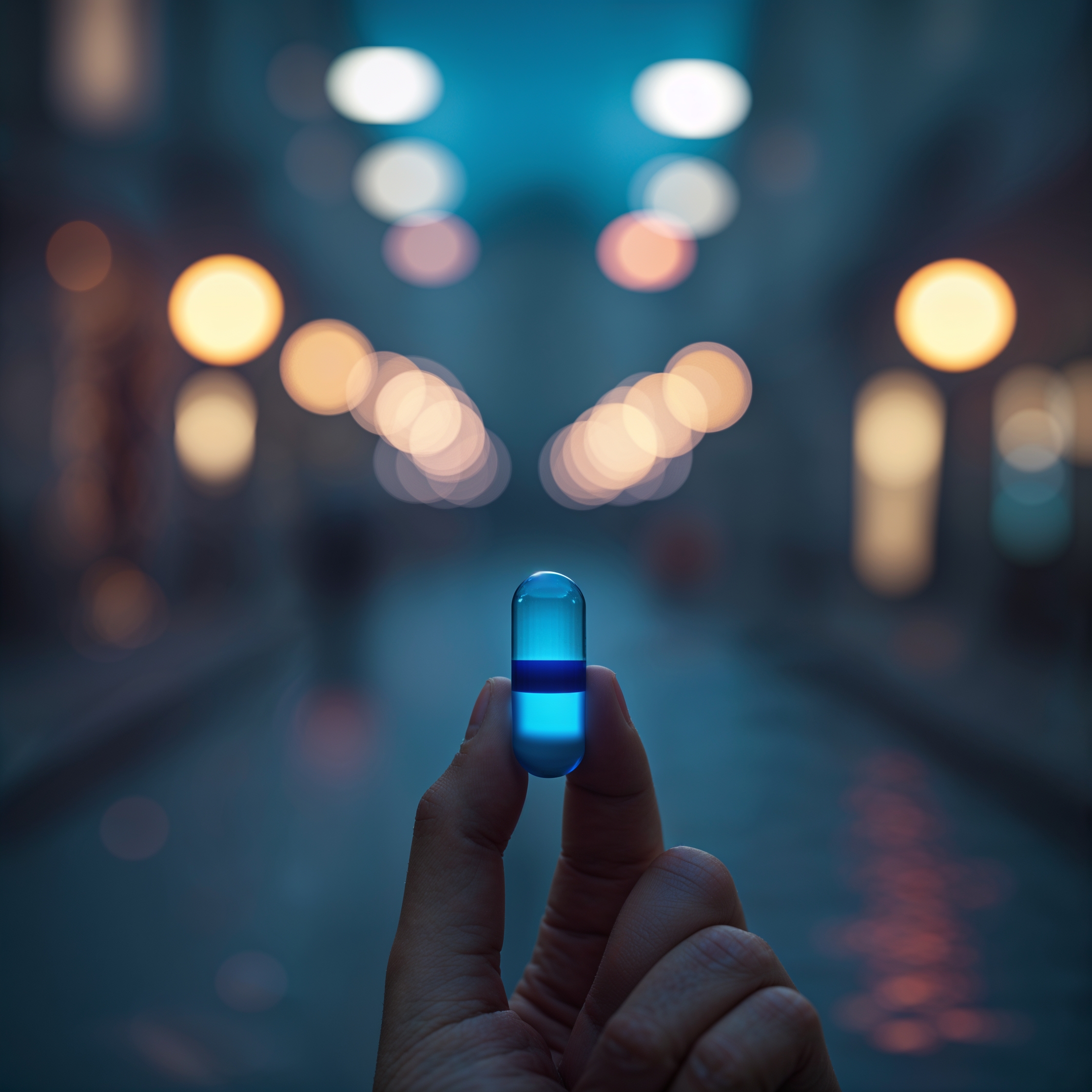 A cinematic keyframe of a person rejecting the blue pill, shot with a shallow depth of field, incorporating a vignette and bokeh effect, reminiscent of the styles of Maciej Kuciara and Jama Jurabaev, with a touch of Wojtek Fus's aesthetic, featuring cinematic color grading and cinematic lighting, captured with the warmth of Kodak Porta 400 and the richness of Cinestill 800, through the lens of a Leica M10, with a filmic quality, and a distinct color grading that evokes a sense of depth and emotion.