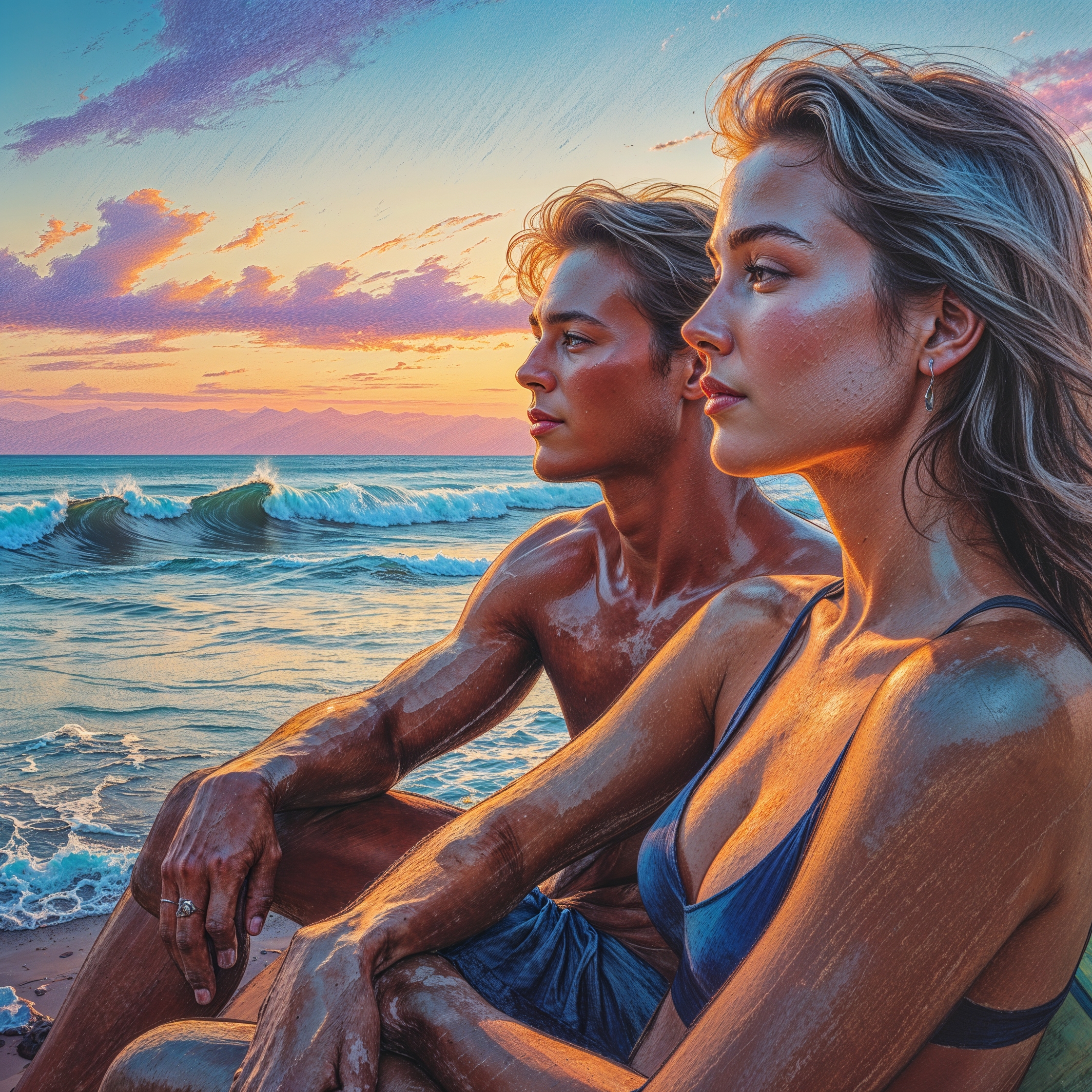a masterpiece rough color pencil sketch of a close-up scene at dusk on the beach, where a peaceful evening unfolds as a mid-twenties couple with serene facial expressions, sun-kissed skin, and relaxed poses, sits together and watches the gentle waves, embodying surf culture, with a surreal and dreamy atmosphere, evoking imagination and memory, rendered in vibrant pencil marks on textured paper, capturing the warmth of the fading light, with soft blues and purples of the dusk sky, and the earthly tones of the beach, blending reality and fantasy.
