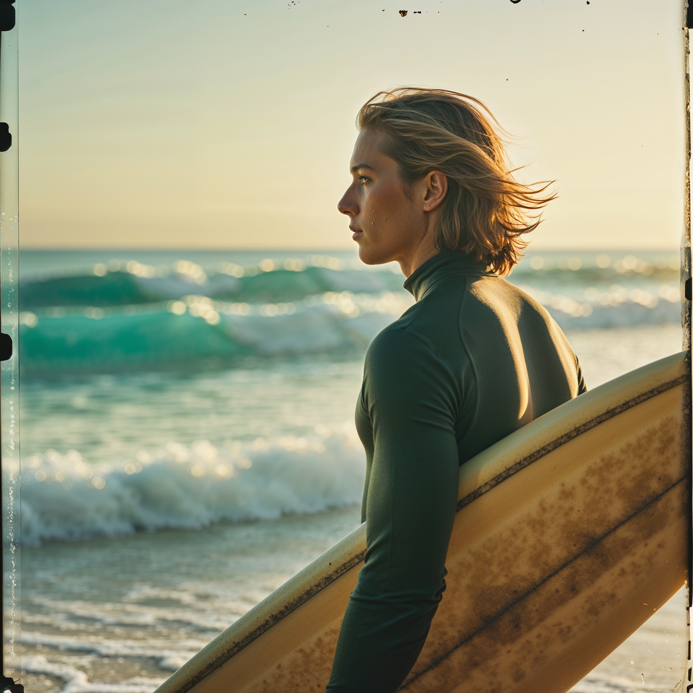 Cross processing vintage film photography of Dawn, a serene and peaceful morning scene with a lone surfer standing on the beach, holding a worn wooden surfboard under their arm, gazing out at perfect turquoise waves gently rolling onto the shore, with a surreal and dreamy atmosphere, soft focus, and warm golden light, captured in a 135mm portrait format, with the surfer's facial features serene, skin glowing with a warm sun-kissed tone, and hair blown gently by the ocean breeze.