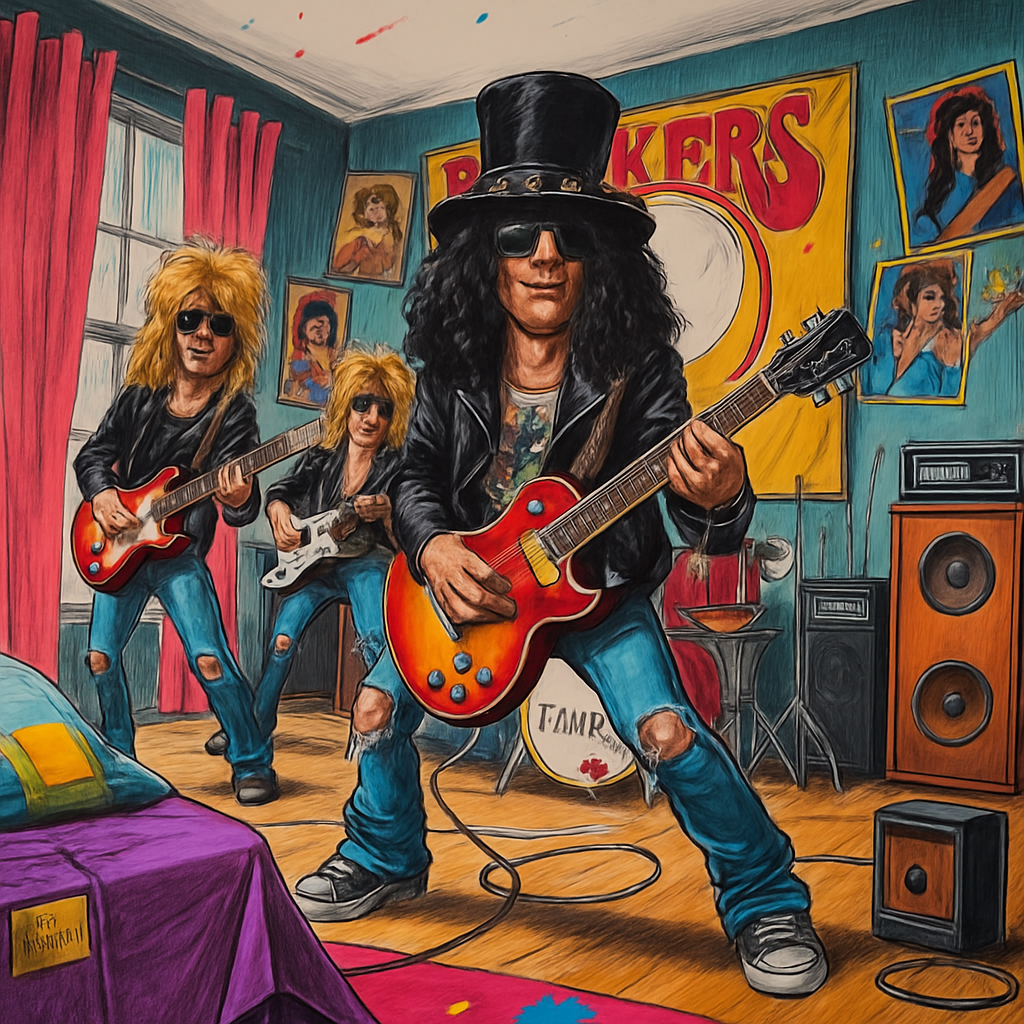 Cartoon image of 1980s hair metal rock band.