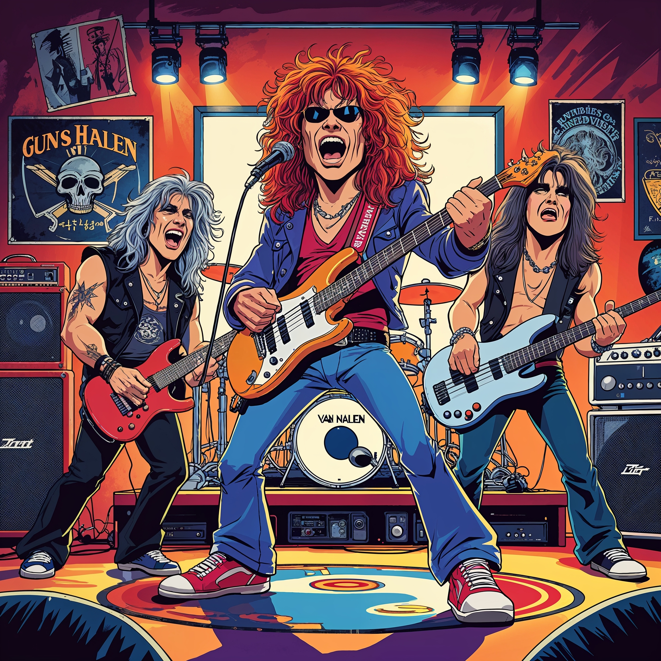 Cartoon image of 1980s hair metal rock band.