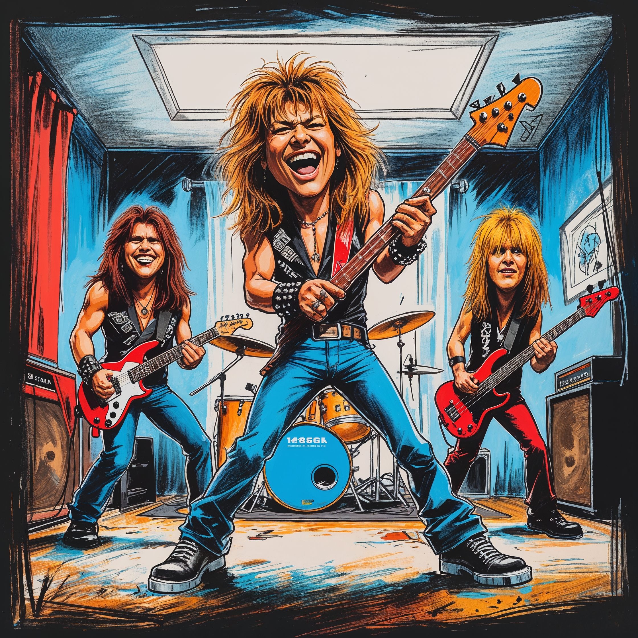 Cartoon image of 1980s hair metal rock band.