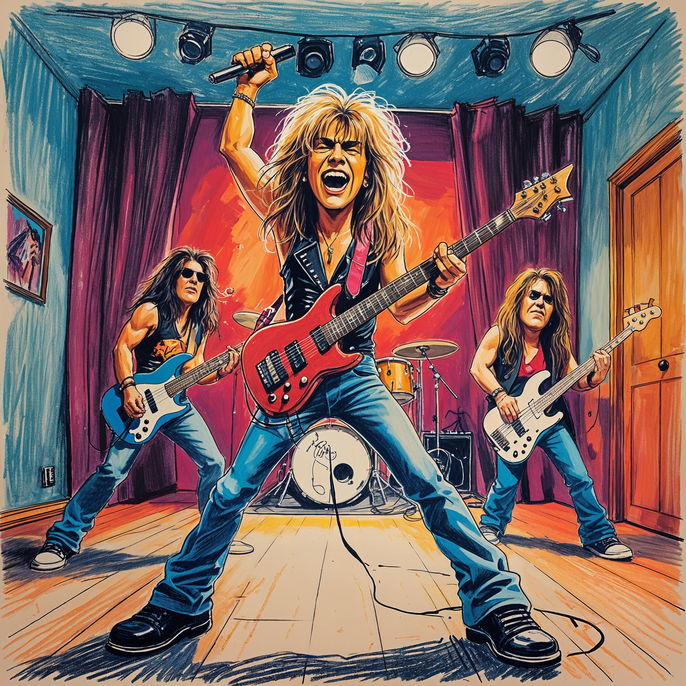 Cartoon image of 1980s hair metal rock band.