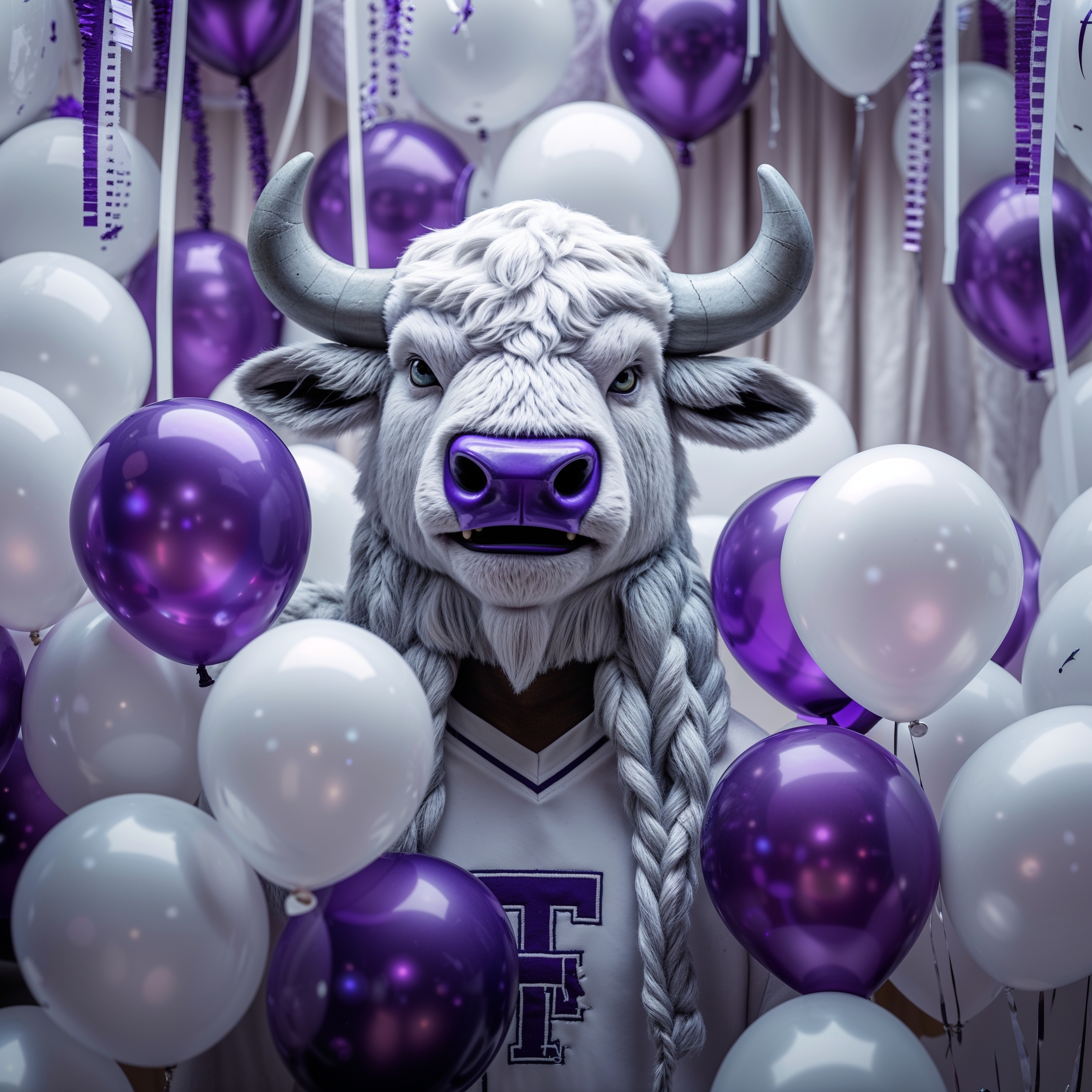 A cinematic keyframe of a 10 year high school reunion, set against a backdrop of white and purple balloons and streamers, with a white buffalo mascot prominently displayed, capturing the essence of THS school spirit, with a shallow depth of field, vignette, and bokeh effects, shot on Kodak Porta 400 and Cinestill 800 film, using a Leica M10 camera, with cinematic color grading and lighting, inspired by the styles of Maciej Kuciara, Jama Jurabaev, and Wojtek Fus, featuring a warm and nostalgic color palette, with a filmic texture and a sense of nostalgia and reminiscence.