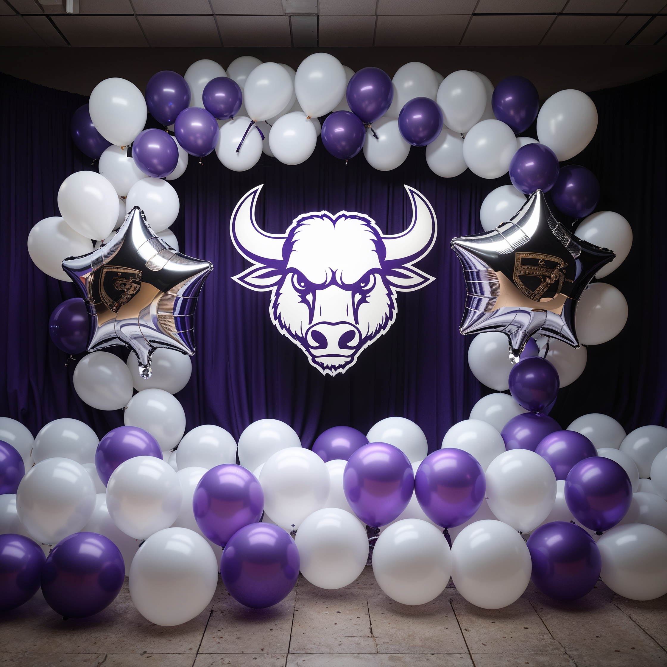 A cinematic keyframe of a 10 year high school reunion, set against a backdrop of white and purple balloons and streamers, the school's colors, with a large white buffalo mascot emblem prominently displayed. The scene is illuminated with cinematic lighting, featuring a shallow depth of field, vignette, and bokeh, evoking a sense of nostalgia and depth, captured with the warmth and grain of Kodak Porta 400 and Cinestill 800 film stocks, shot with a Leica M10, with a filmic aesthetic and cinematic color grading, blending the styles of Maciej Kuciara, Jama Jurabaev, and Wojtek Fus.