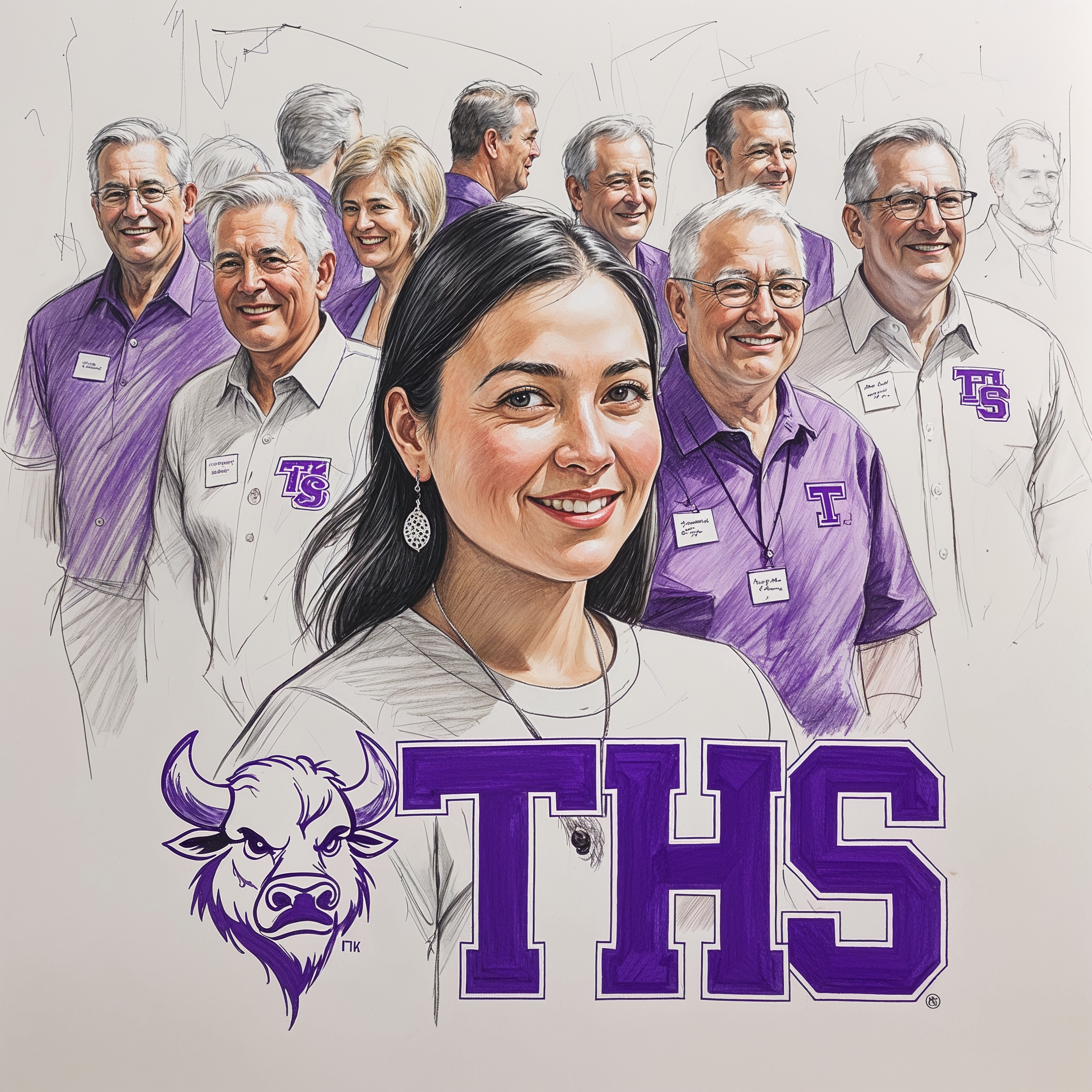 a masterpiece rough color pencil sketch of a 10 year high school reunion scene with alumni mingling in the background, wearing name tags and casual attire, set against a subtle textured paper background, with visible pencil marks and eraser smudges, incorporating the school colors white and purple, and featuring the white buffalo mascot prominently, perhaps on a banner or a person's t-shirt, with the school's initials THS boldly displayed in a modern sans serif font style, in a vibrant purple color, amidst a variety of facial expressions and skin tones, capturing the essence of a lively reunion.