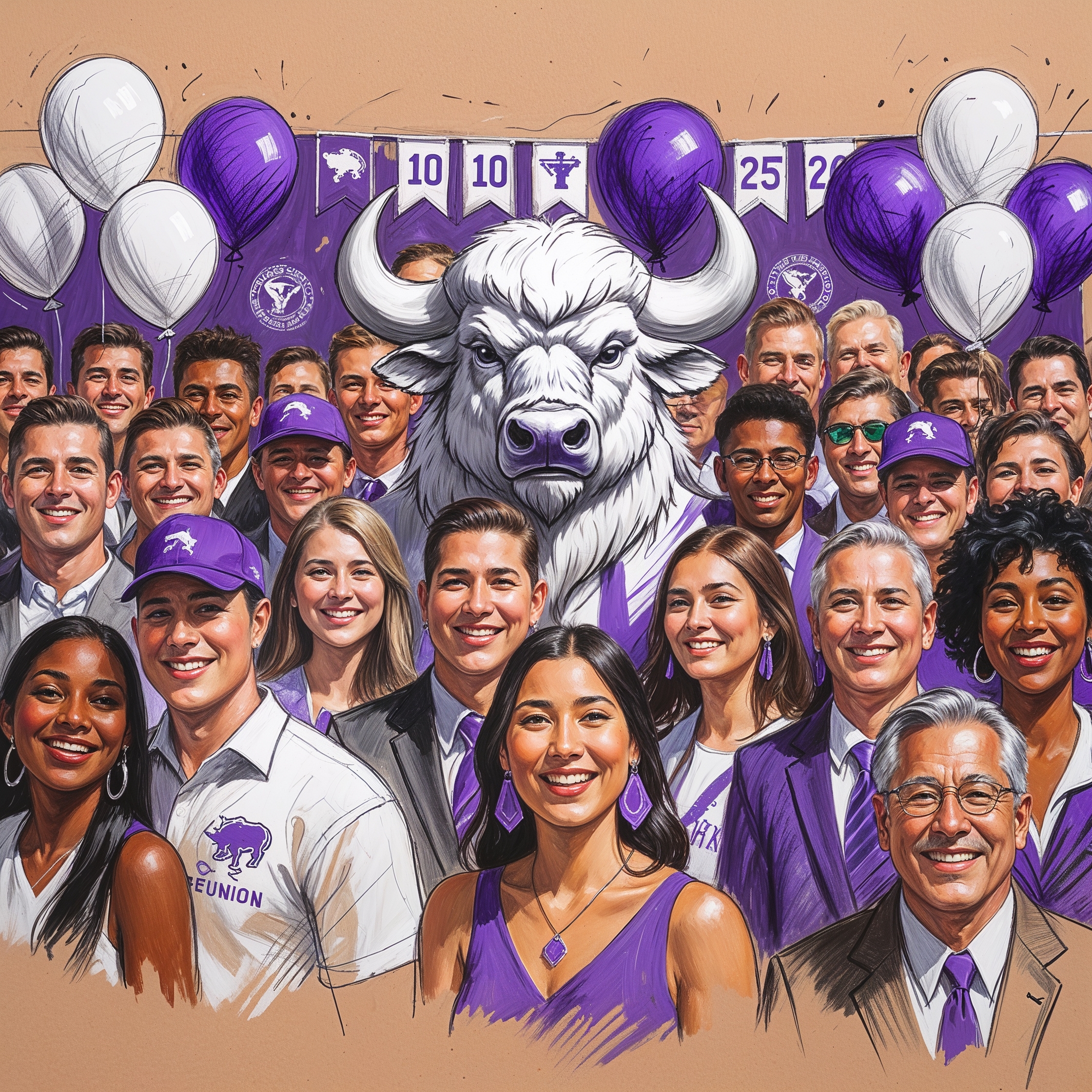 a vibrant rough color pencil sketch of a 10 year high school reunion scene, set against a warm beige paper texture, with prominent pencil marks and subtle shading, incorporating the school's colors, white and purple, through outfits, balloons, and decor, featuring a majestic white buffalo mascot emblem, with attendees of diverse skin tones and facial features, some with bright smiles and others with nostalgic expressions, all gathered in a lively crowd, with hints of purple and white in their clothing and accessories, amidst a backdrop of school memorabilia and reunion banners, with bold pencil strokes and expressive lines capturing the energy and excitement of the reunion.