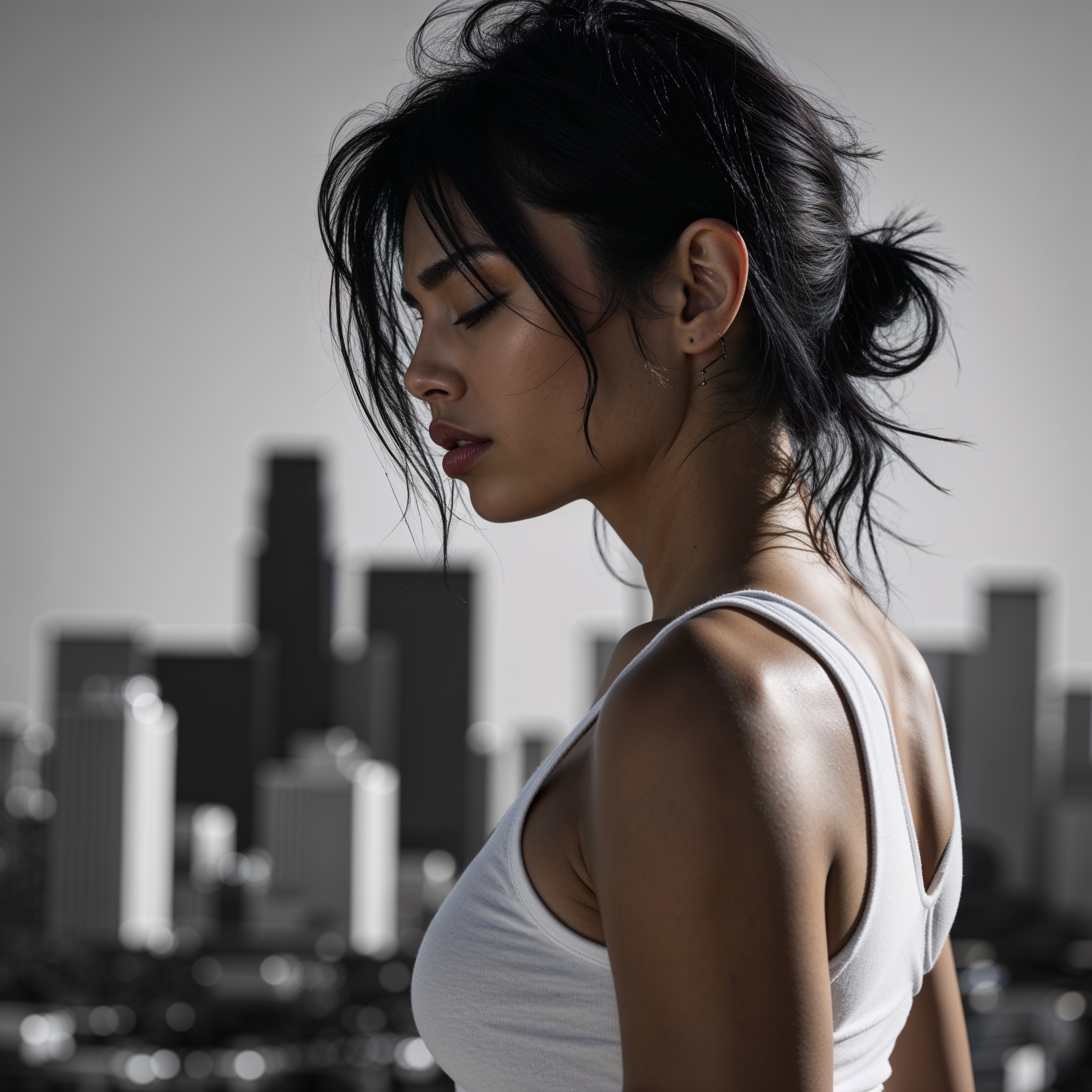 A cinematic keyframe in close-up, side profile, of a beautifully discontent woman set against the dramatic black and white backdrop of the LA skyline. She wears a crisp white tank top, her messy black hair falling in loose strands, one of which gently crosses over her eye. Her skin has a rich, sun-kissed glow. Though her eyes are closed, as if lost in thought or gazing downward at her shoes, her posture exudes confidence, with shoulders back, cheeks lifted, and lips set in a determined line. Her head may be heavy, but her spirit remains unbroken. The image is shot with a shallow depth of field, incorporating a vignette and bokeh effect, evoking the feel of Kodak Porta 400 and Cinestill 800 film, captured through the lens of a Leica M10, with cinematic color grading and lighting that accentuates the depth of her emotions.