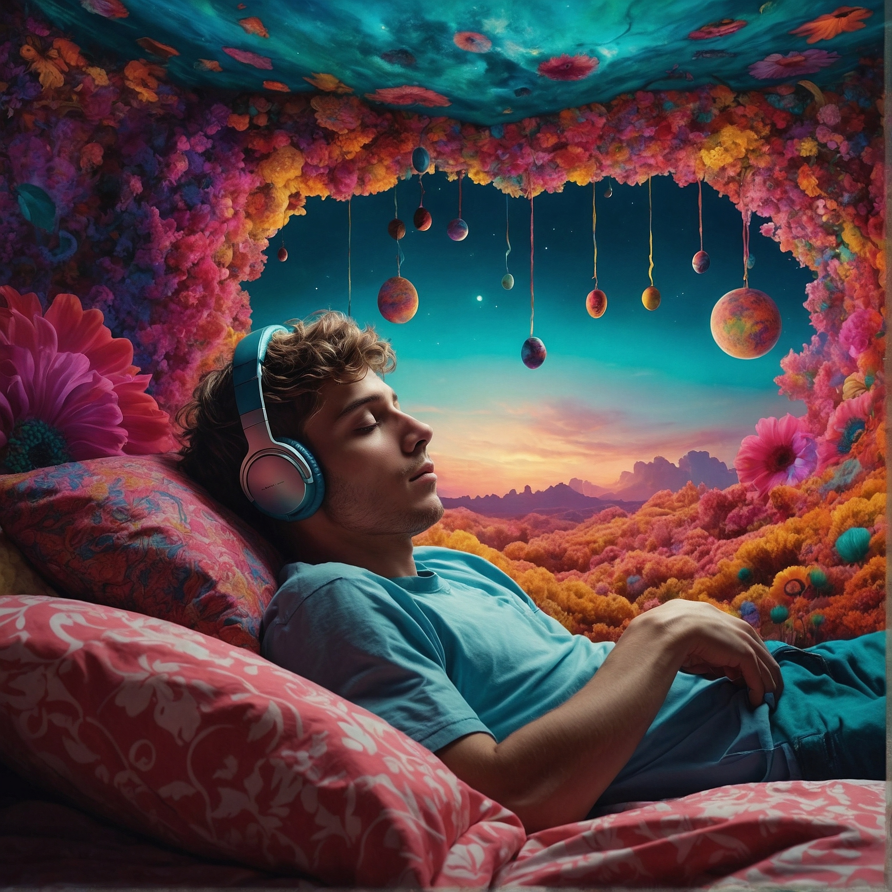 Alternative. A young man lying on his bed, listening to music withe headphones. His bedroom dissolves into a tapestry of colors and planets hang from his daydream like a mobile.