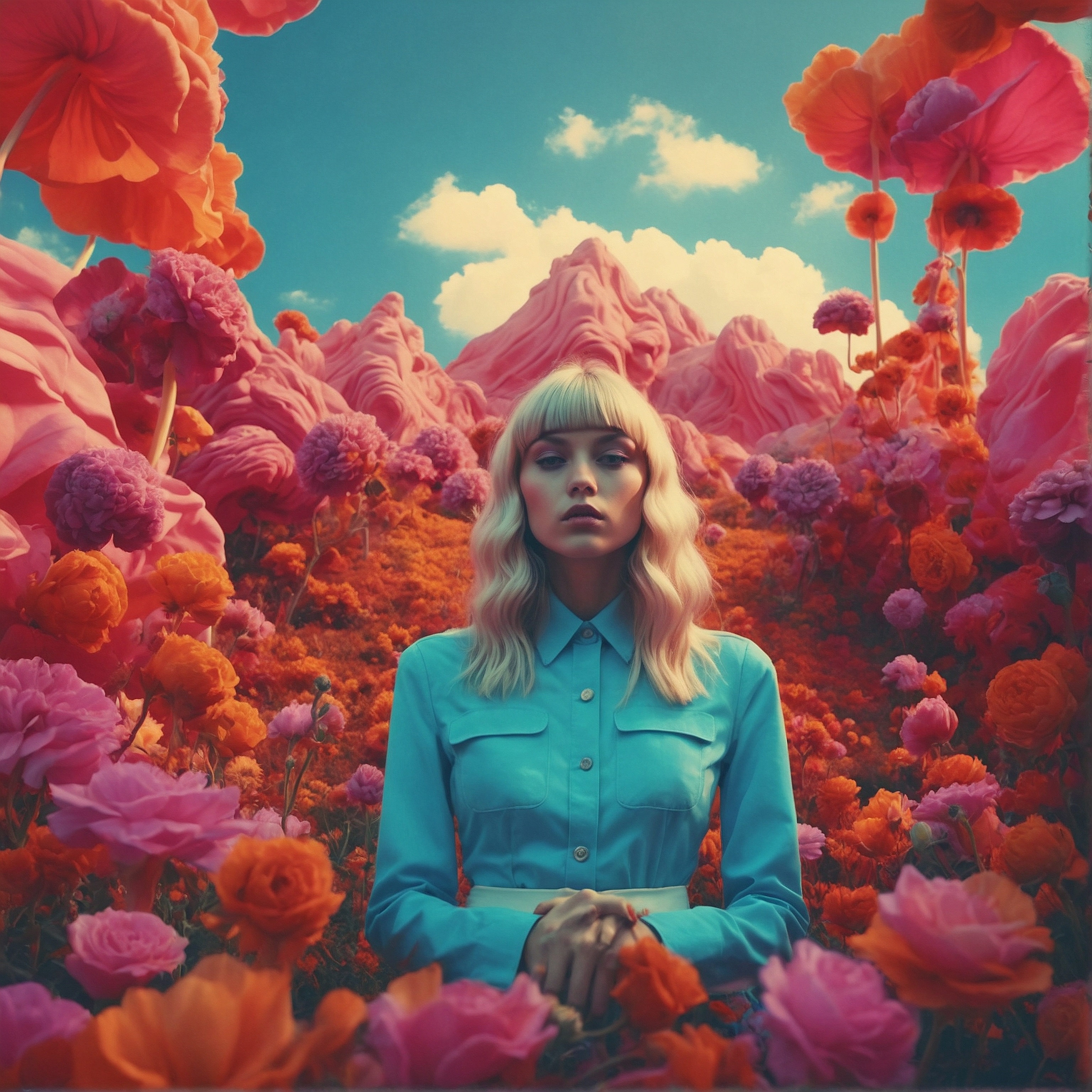 A mid 20s blonde woman in a pink shirt. She's surrounded by pink flowers. Alternative. Generated by LeonardoAI.