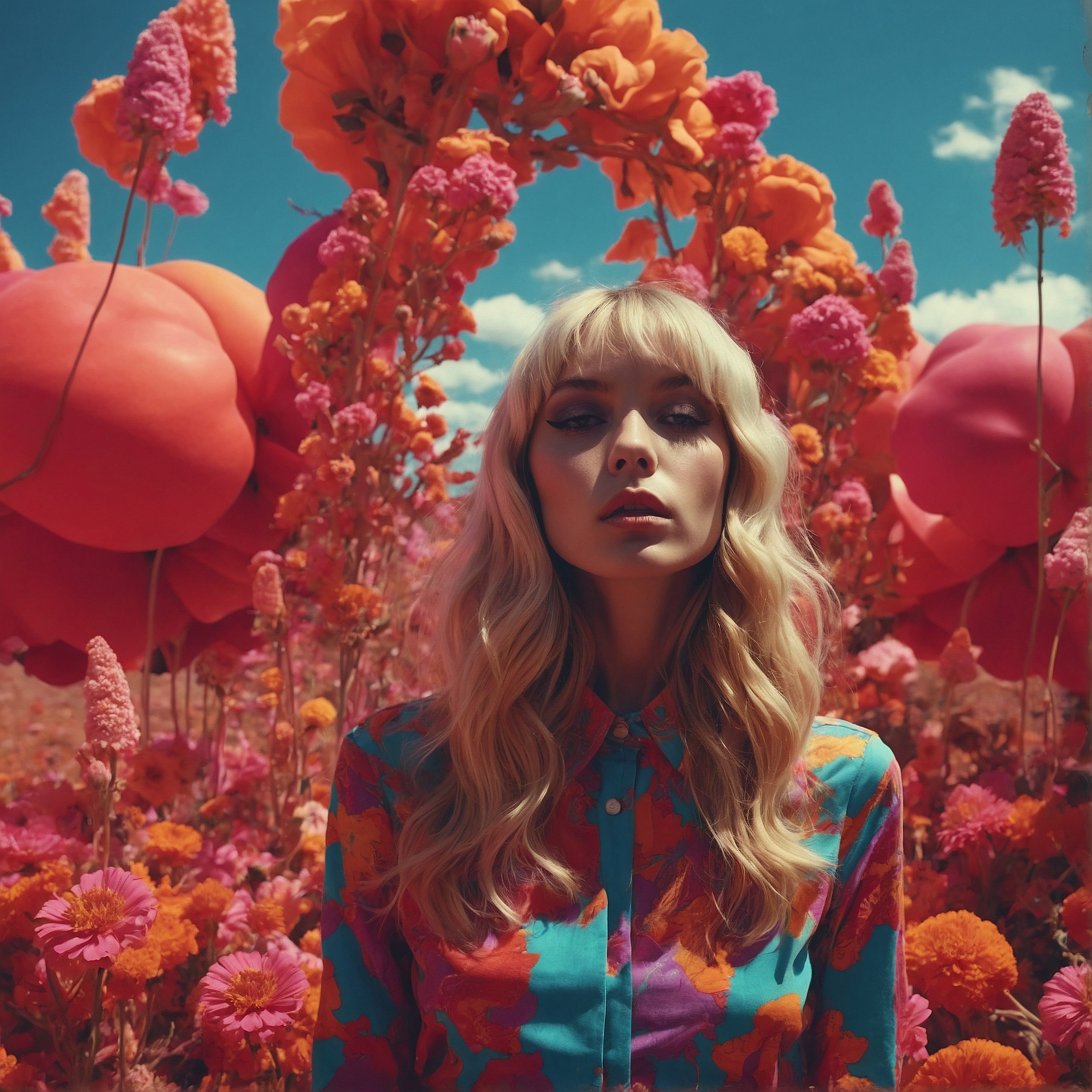 A mid 20s blonde woman wearing a colorful shirt. She's surrounded by countless pink flowers. Wes Anderson. Generated by LeonardoAI.