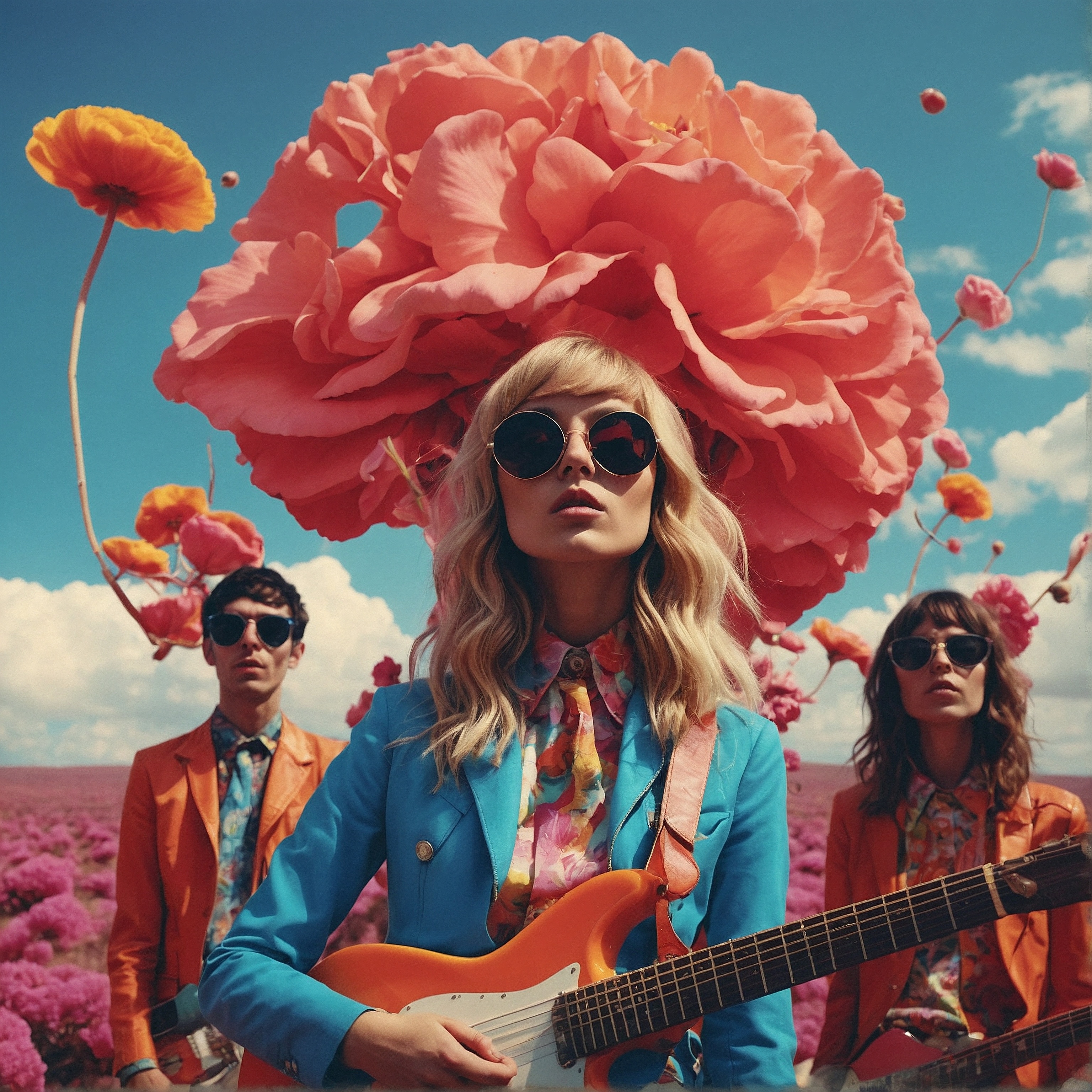 A blonde female rock star wearing a blue jacket and colorful shirt. She's holding a guitar. Her bandmates are in the background. A giant pink flower hangs over their head. Generated by LeonardoAI.