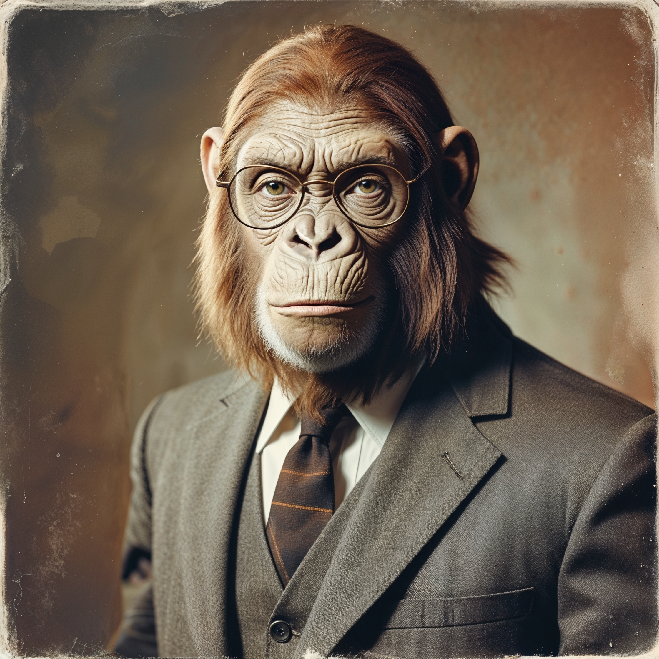 Artistic portrait photography from the 1970s featuring Dr. Zaius, a sophisticated ape dressed in a refined professorial attire, complete with a suit, tie, and spectacles, posing elegantly like a human for a classic portrait, inspired by the iconic Planet of the Apes franchise, with a warm, earthy color palette and a nostalgic film grain texture, set against a muted, vintage-style backdrop, with Dr. Zaius's facial features prominently displayed, showcasing his intelligent and discerning gaze, and his skin a muted, earthy tone, with a subtle sheen to his fur, and a few strands of hair elegantly styled, exuding an air of refinement and sophistication.