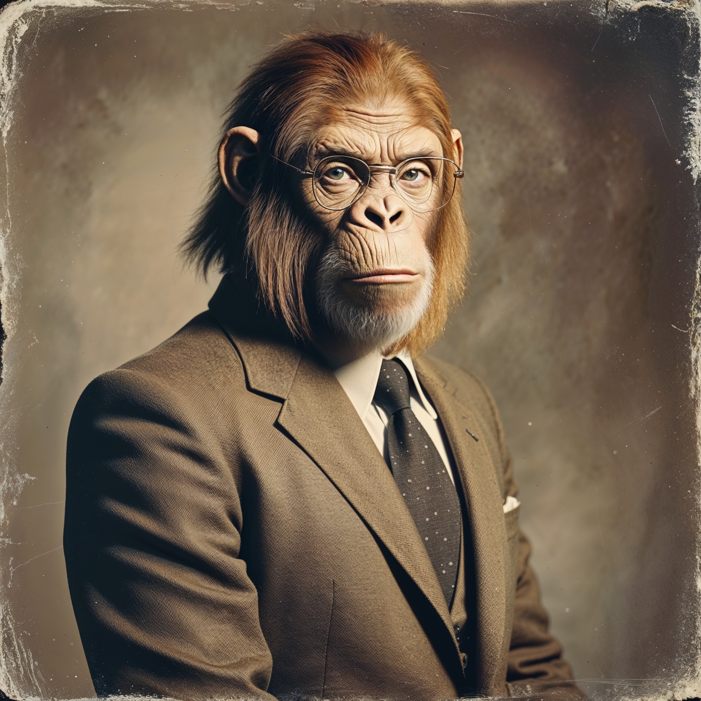 Artistic portrait photography from the 1970s featuring Dr. Zaius, a sophisticated ape dressed in a refined professorial attire, complete with a suit, tie, and spectacles, posing elegantly like a human for a classic portrait, inspired by the iconic Planet of the Apes franchise, with a warm, earthy color palette and a nostalgic film grain texture, set against a muted, vintage-style backdrop, with Dr. Zaius's facial features prominently displayed, showcasing his intelligent and discerning gaze, and his skin a muted, earthy tone, with a subtle sheen to his fur, and a few strands of hair elegantly styled, exuding an air of refinement and sophistication.