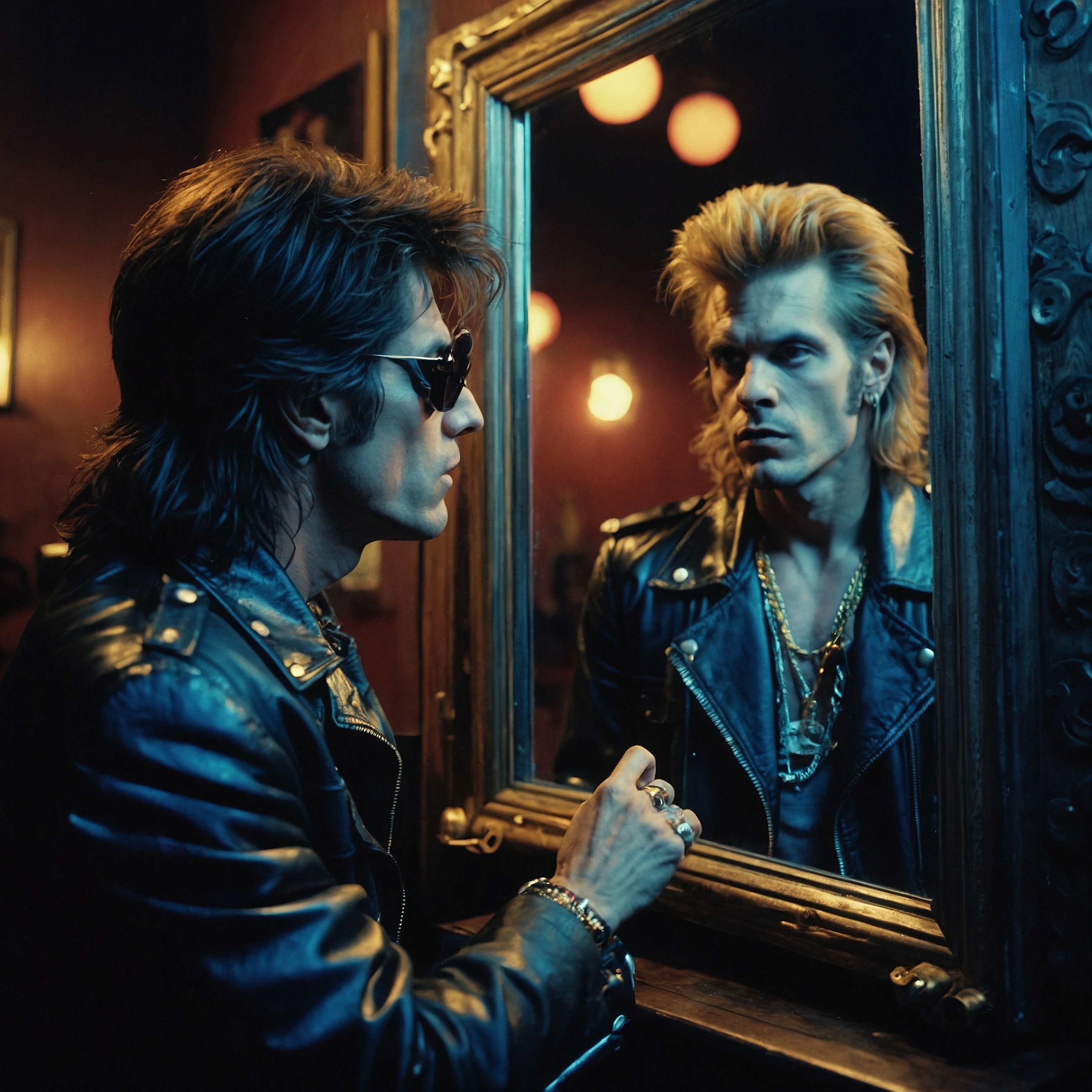 A 1980s rock and roll man looks into a mirror. A similar but different person looks back at him in his reflection.