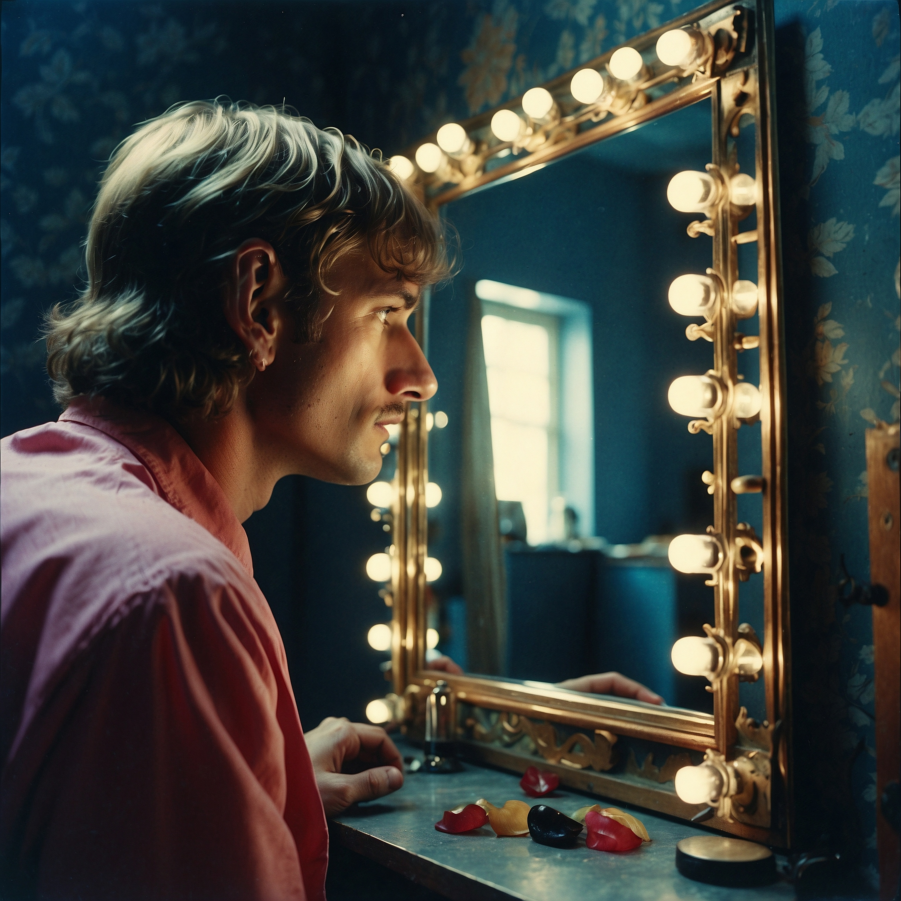 1980s. A man looks at himself in a mirror. Reflection and contemplation.