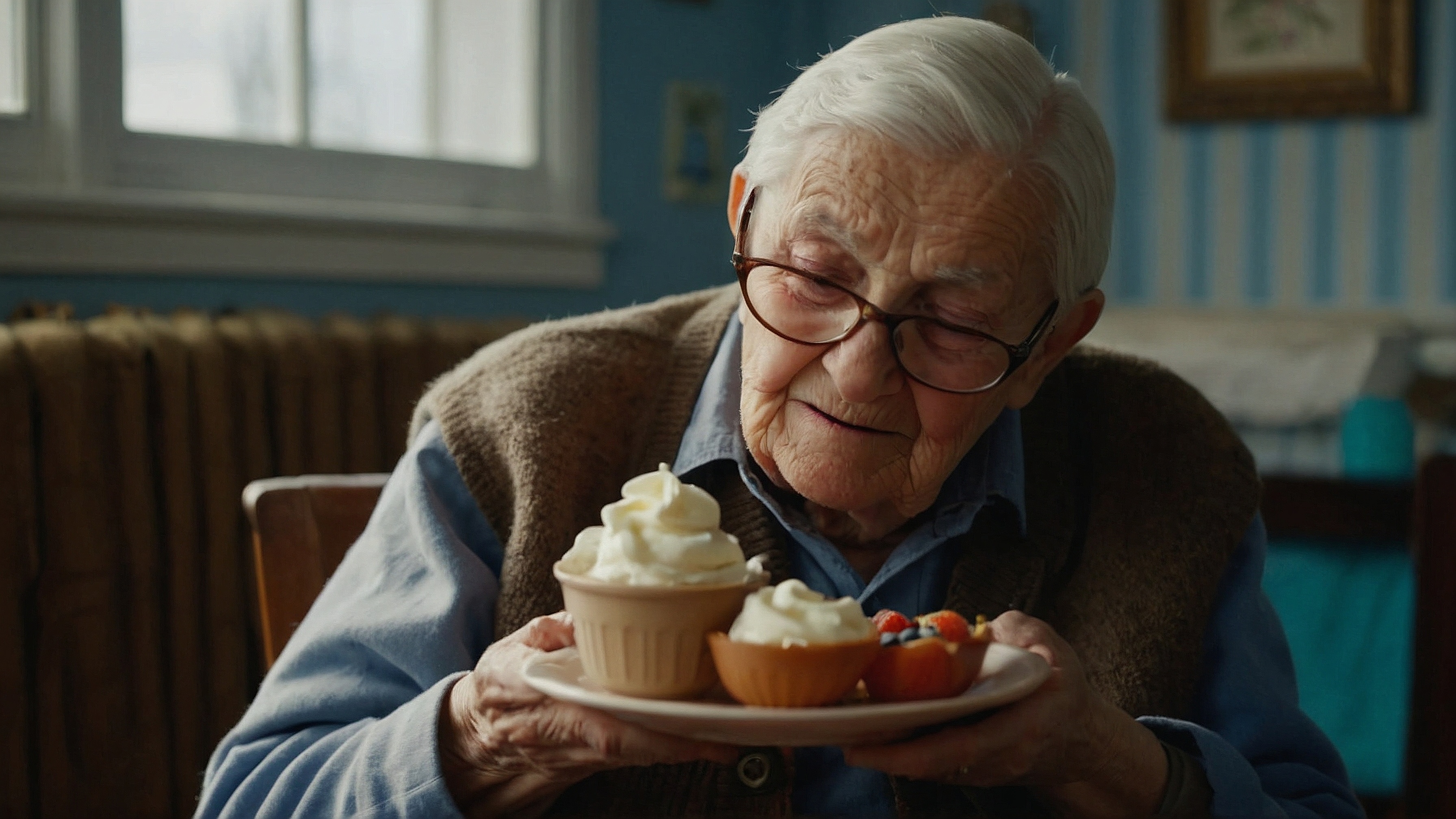 An old man looking at a plate of sweets. Image generated by LeonardoAI.
