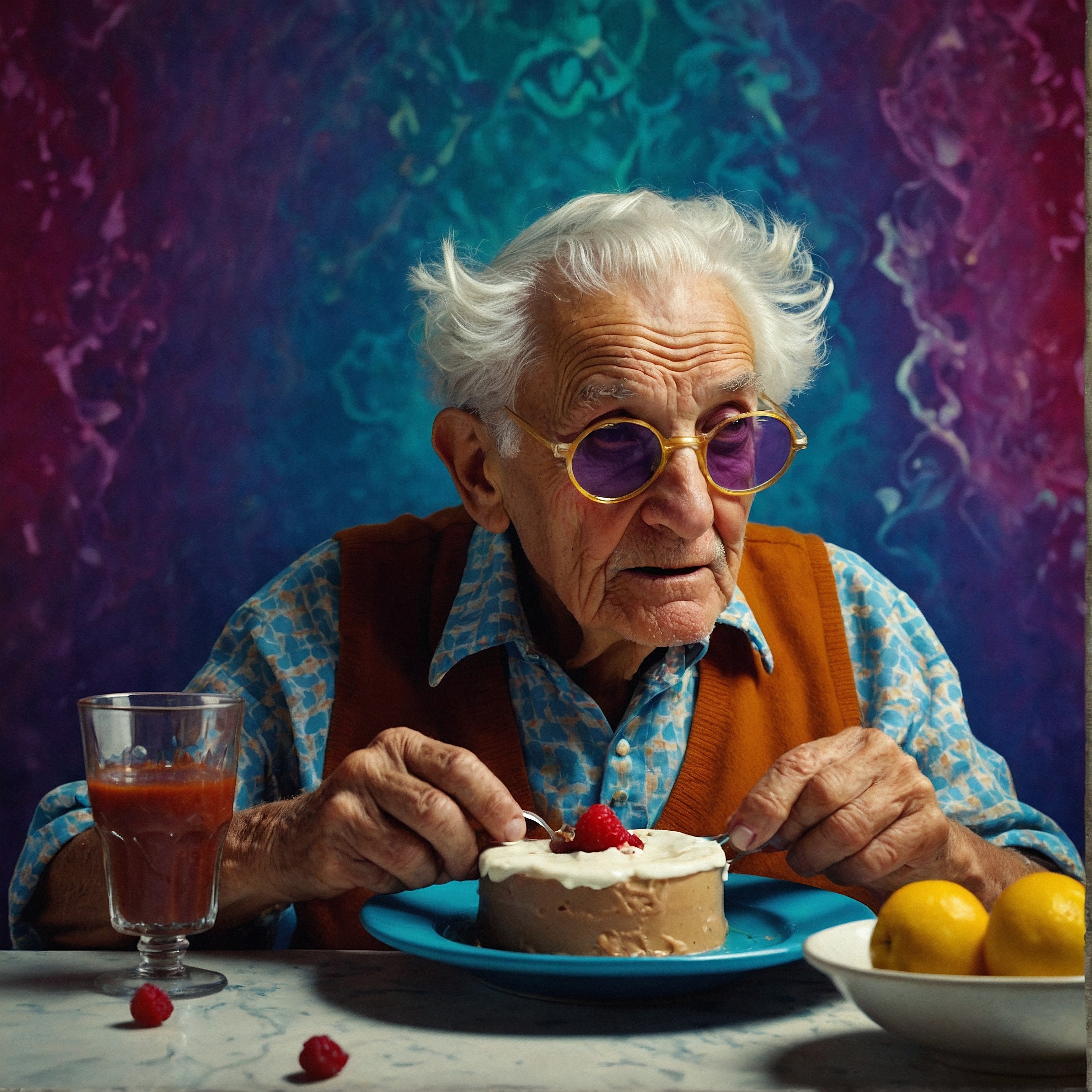 An old man with white hair and purple sunglasses eating sweets. A purple and blue psychedelic background.