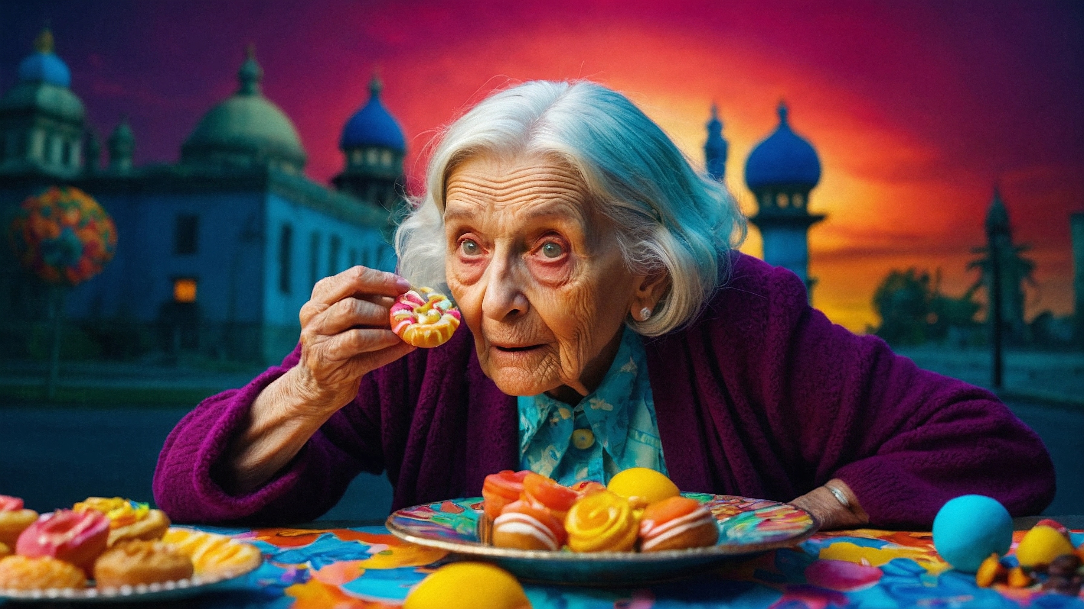 A colorful, fancy dressed old woman in front of multi-colored cupcakes. Image generated by LeonardoAI.