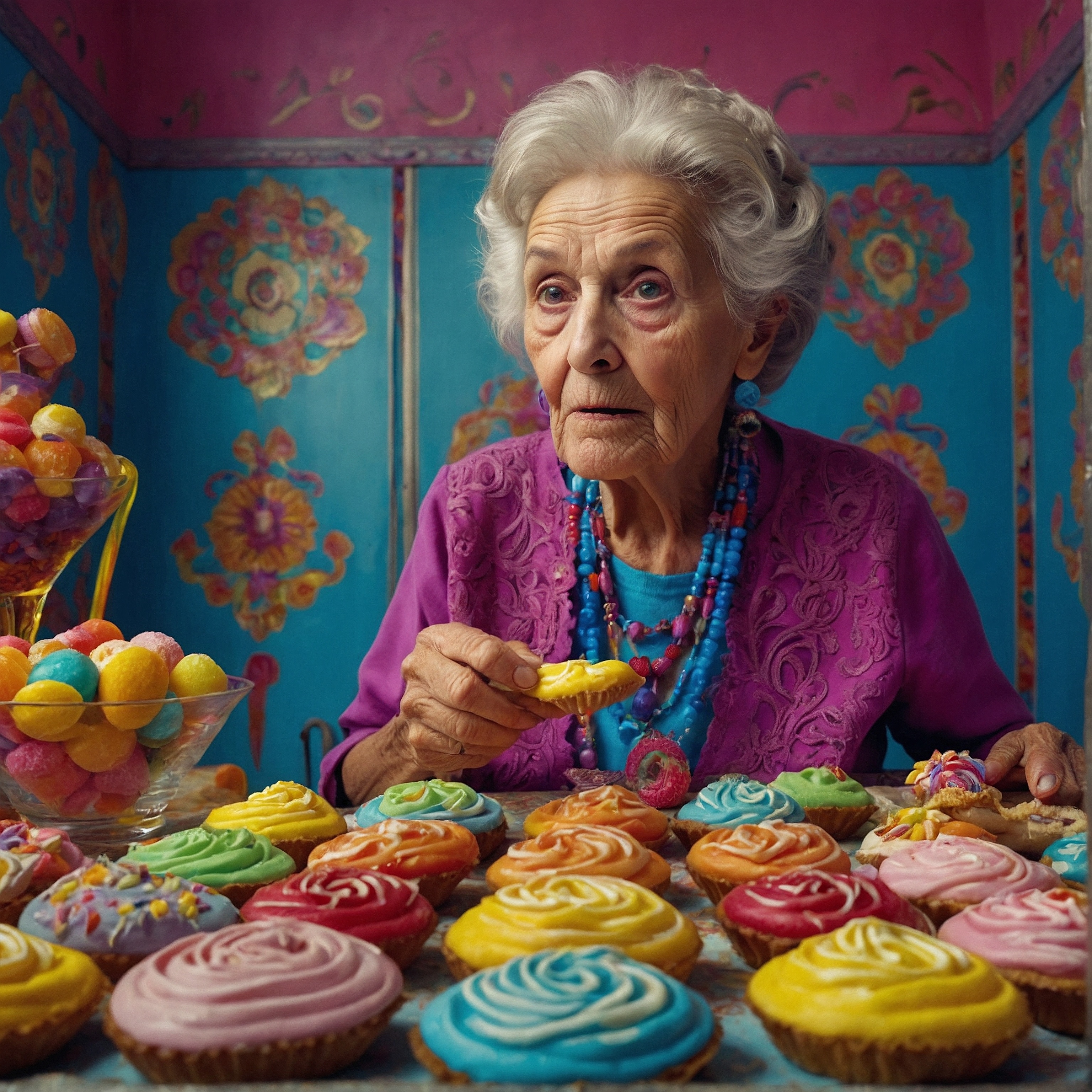 A colorful, fancy dressed old woman in front of multi-colored cupcakes. Image generated by LeonardoAI.