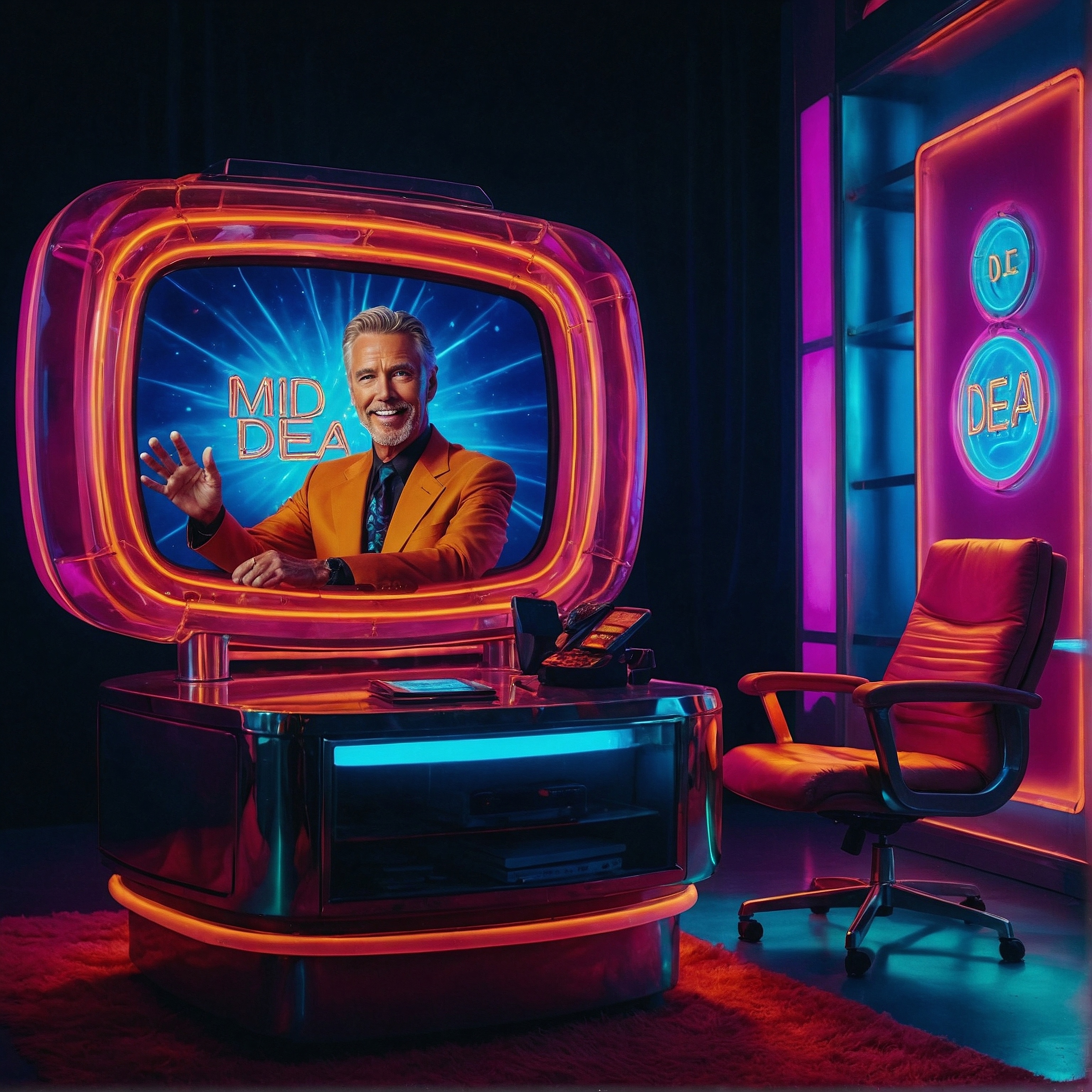 Vibrant TV game show. Studio rolling chair and monitor. Generated with LeonardoAI.