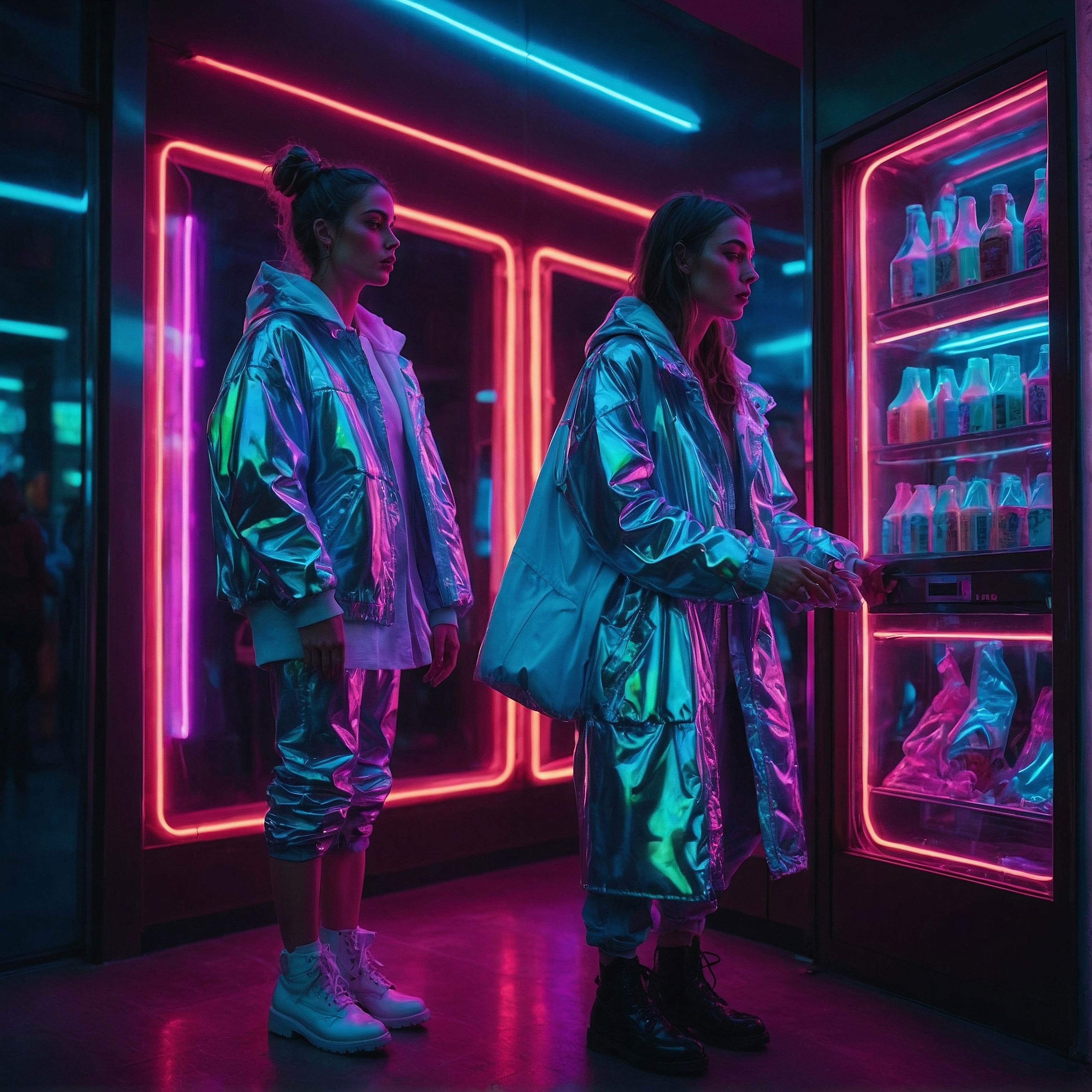 Instant gratification. Two young women wait in line at a vending machine. Depressing. Vibrant. Neon. Generated with LeonardoAI.