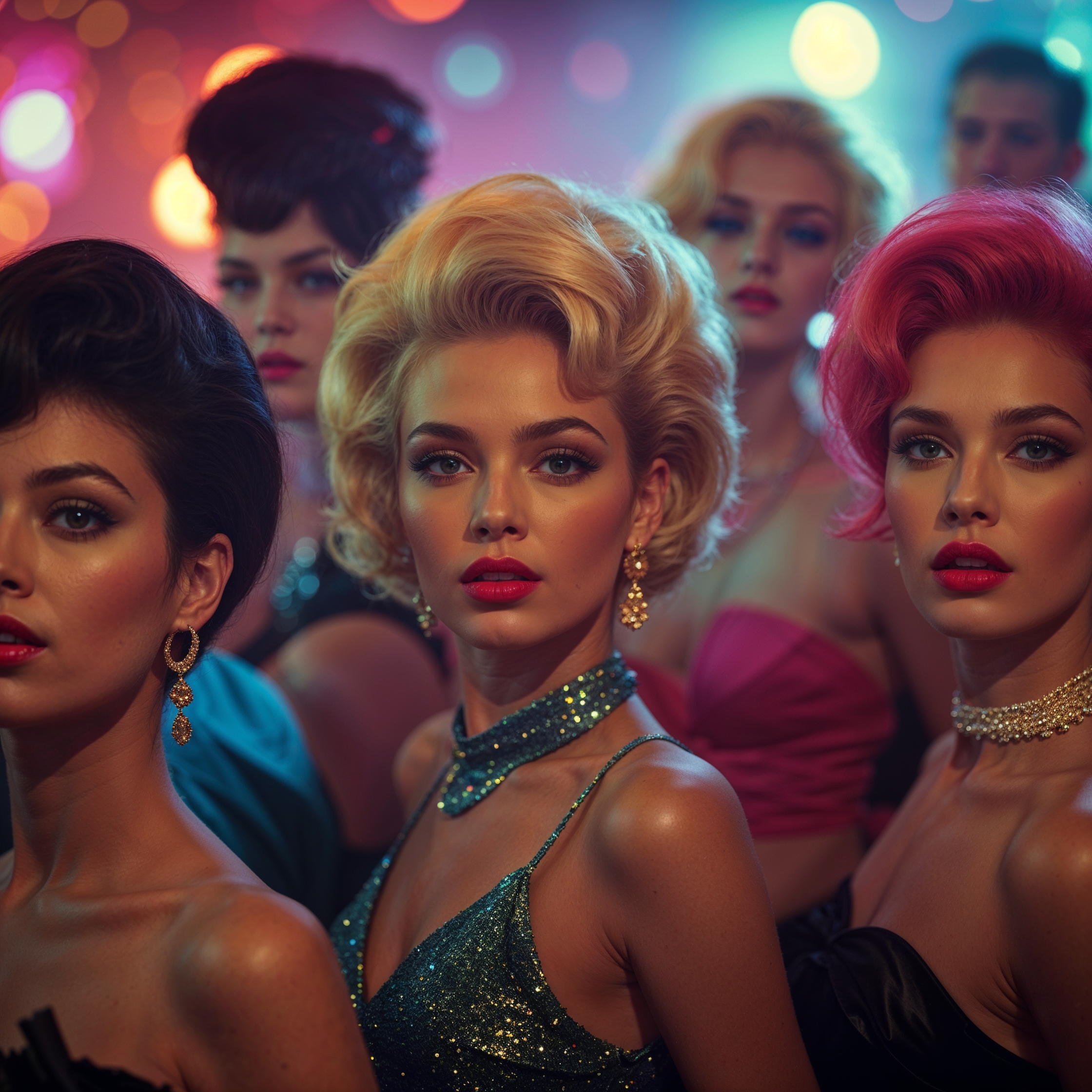 Inspired by Austin Powers, a vibrant 1960s London party scene unfolds, filled with fashionable Go-Go dancers, beautiful women with striking facial features, diverse skin tones, and vibrant hairstyles, set against a backdrop of dynamic colors and cinematic lighting, with a shallow depth of field, vignette, and bokeh effects, evoking the nostalgic feel of Kodak Porta 400 and Cinestill 800 film stocks, captured through the lens of a Leica M10, with a filmic, cinematic color grading aesthetic.