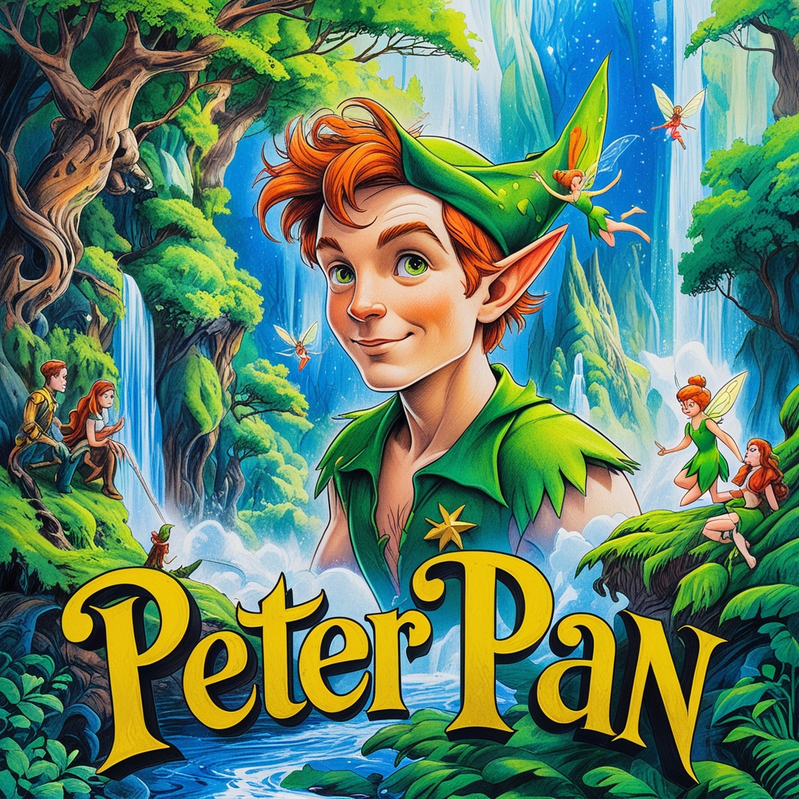 a highly detailed rough color pencil sketch of a visually stunning book cover for Peter Pan, featuring intricate pencil marks and visible paper texture, with vibrant colors and subtle shading, capturing the essence of Neverland and its beloved characters, including Peter Pan, Tinker Bell, and Captain Hook, amidst a whimsical landscape of lush green forests, sparkling waterfalls, and soaring Fairies, with bold typography and elegant font styles, blending fantasy and adventure in a mesmerizing illustration.