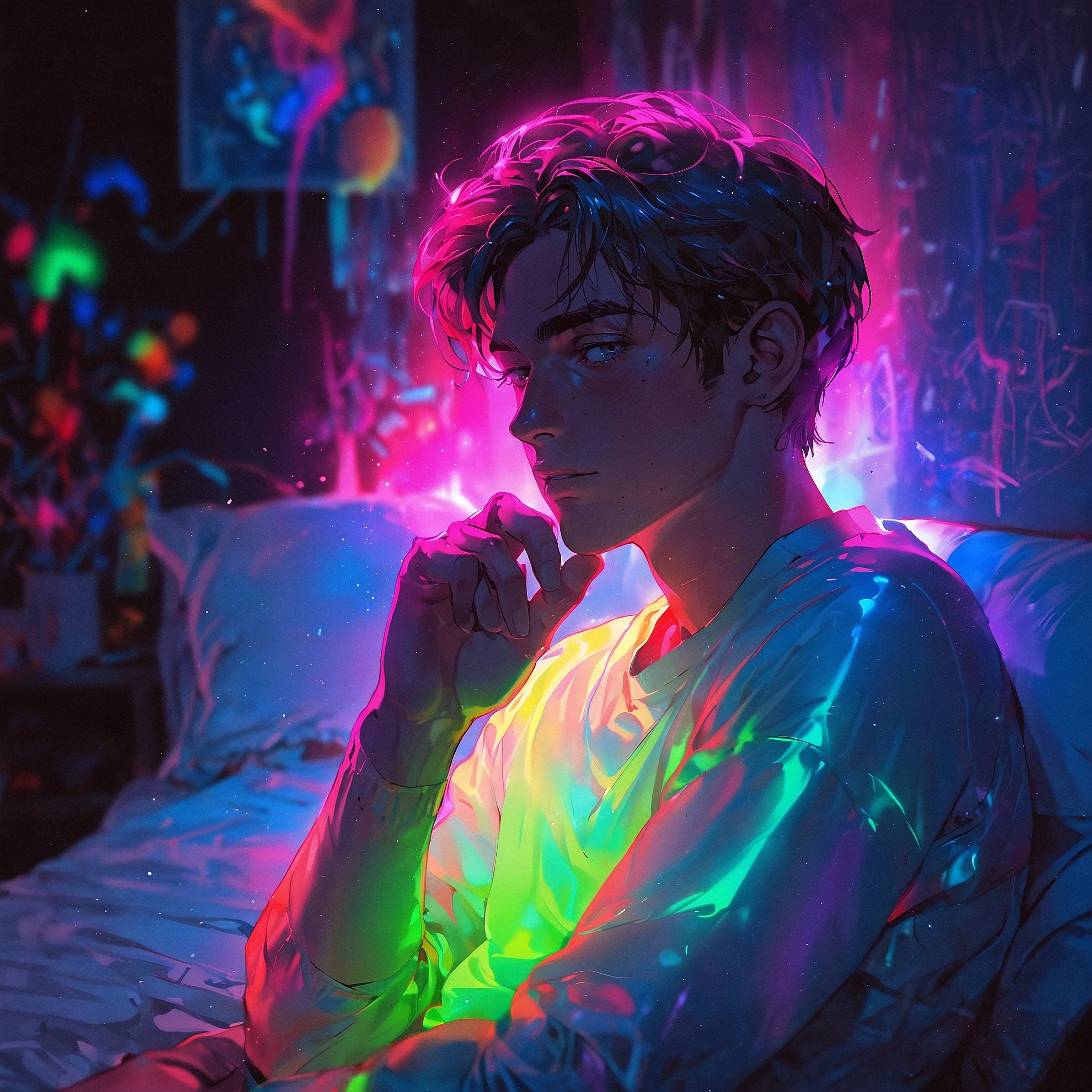 A mid 20s man. Inside the mind of a hopeless romantic alone on New Years Eve. Too many thoughts, thinking too much. Image generated by LeonardoAI.