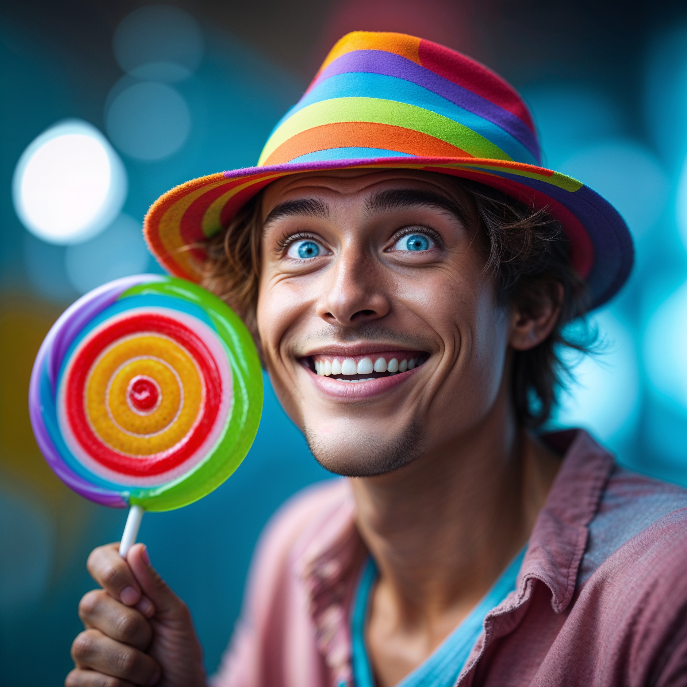 A comedic scene of a man-child in his mid-twenties, with a youthful grin, wearing a vibrant rainbow-colored hat, and holding a large, disc-like rainbow-colored lollipop, his bright blue eyes sparkling with excitement, his light brown skin flushed with a warm glow, his messy brown hair peeking out from under the hat, set against a blurred background with a shallow depth of field, cinematic color grading and lighting, with a vignette and bokeh effect, reminiscent of kodak porta 400 and cinestill 800 film stocks, captured with a leica m10 camera, in a filmic style with a focus on vibrant colors and textures.