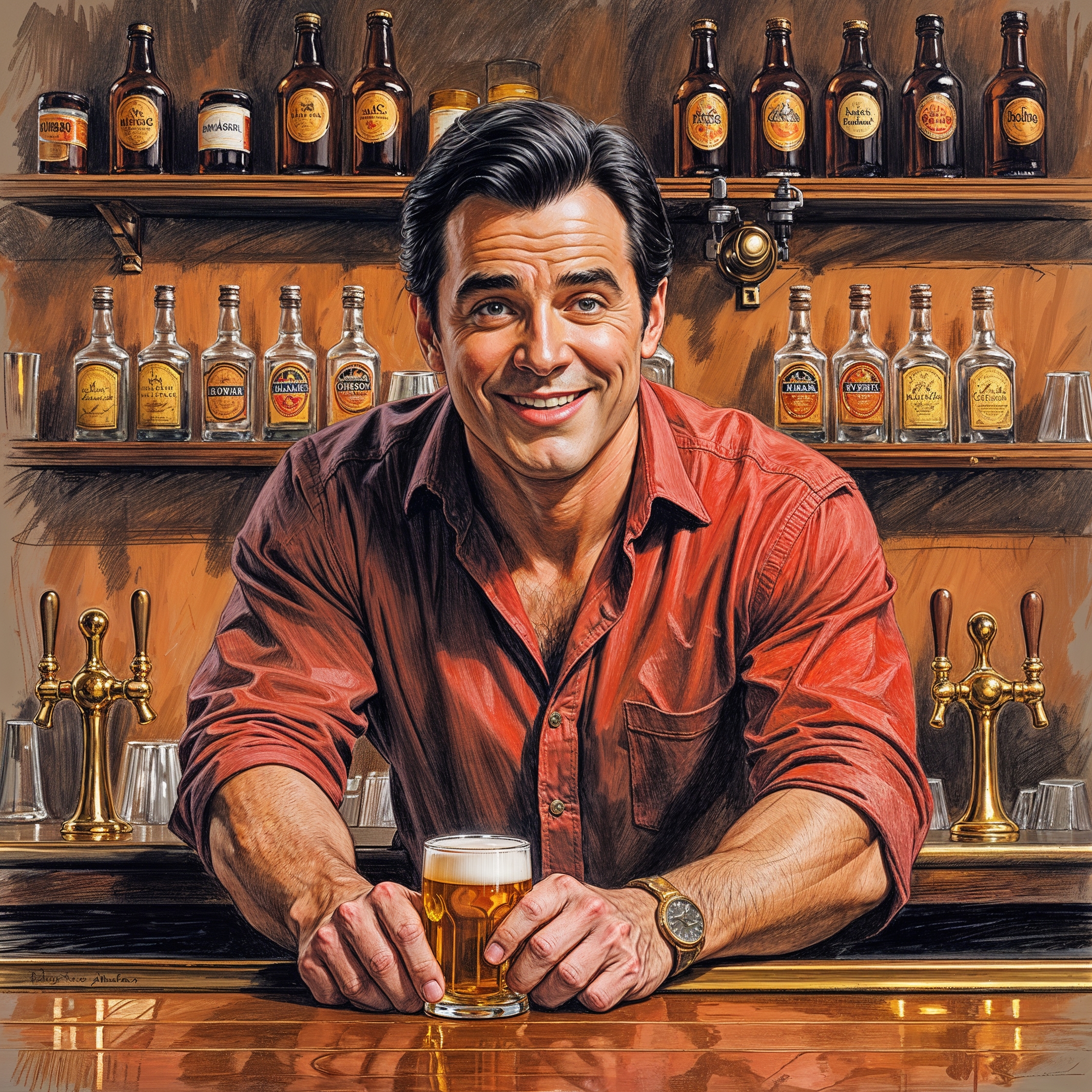 a masterpiece rough color pencil sketch of Sam Malone from Cheers serving up beers from behind an old New England bar with a polished wooden counter and brass fixtures, his iconic smile and raised eyebrow prominent on his face, with a light skin tone and dark hair, pencil marks and visible paper texture giving the image a tactile feel, the colors muted yet vibrant, with Sam's red shirt and the bar's warm lighting standing out amidst the earthy tones of the barroom, the overall atmosphere lively and inviting.