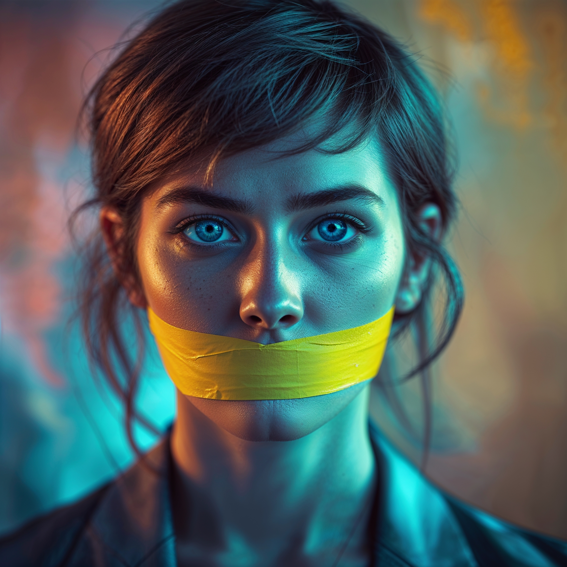 a surreal and vibrant cinematic photo of a close-up image of a person with a determined gaze, yellow tape tightly wrapped around their mouth, silencing the truth, set against a blurred abstract background with a mix of warm and cool colors, surreal photography style, photorealistic texture, subtle film grain effect, high contrast lighting, and a shallow depth of field to emphasize the subject's emotional expression, with the yellow tape serving as a striking symbol of oppression and silence.