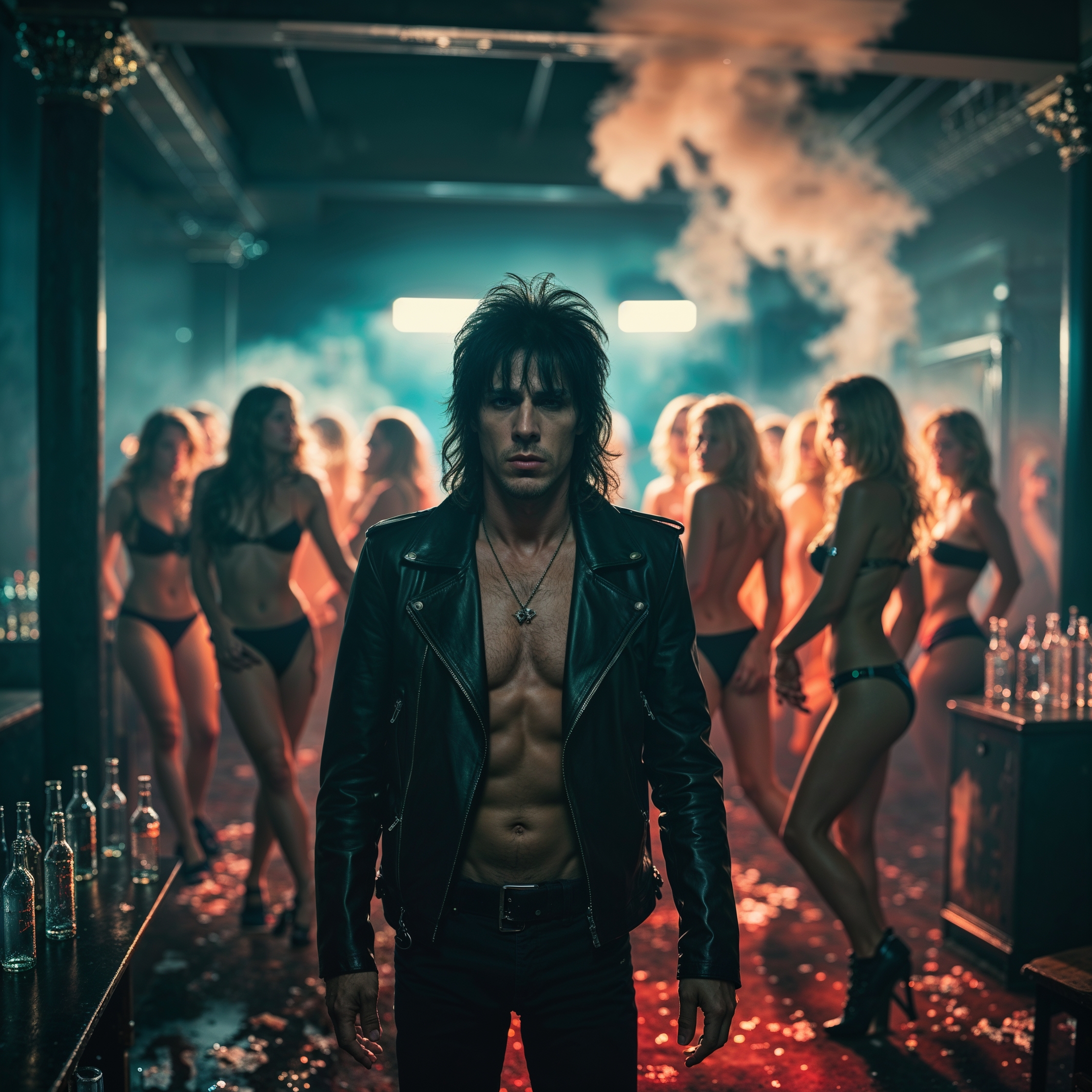 A cinematic keyframe of a dimly lit, smoke-filled room with a shallow depth of field, vibrant cinematic color grading, and dramatic cinematic lighting, featuring a rock star in the foreground with a vague expression, surrounded by strippers, women, and empty bottles, with a vignette and bokeh effect, captured with a filmic aesthetic, reminiscent of kodak porta 400 and cinestill 800 film stocks, shot with a leica m10 camera, inspired by the styles of maciej kuciara, jama jurabaev, and wojtek fus, with a color palette that exudes a sense of excess and debauchery, cool tones and warm hues blending together in a chaotic yet captivating scene.
