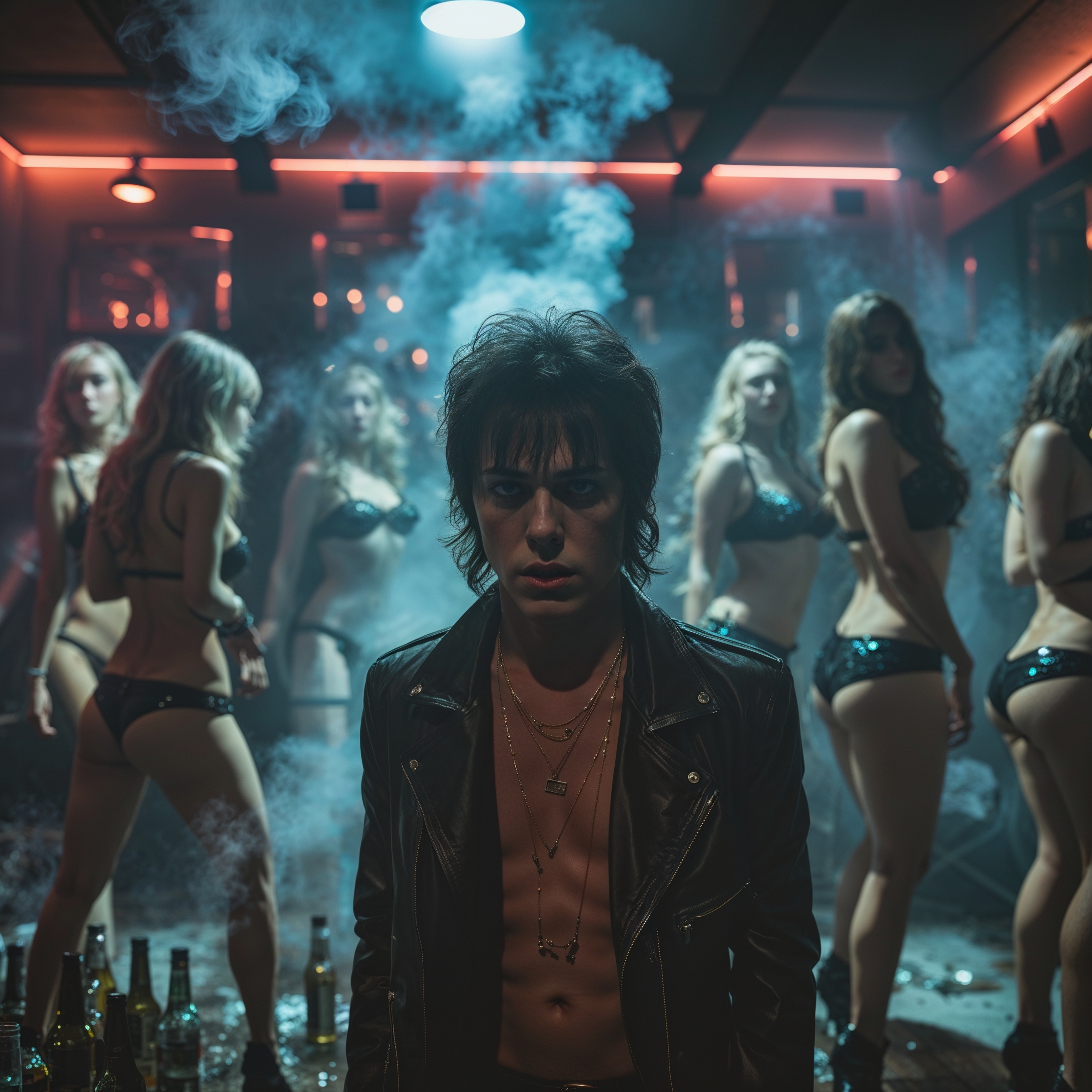 A cinematic keyframe of a dimly lit, smoke-filled room with a shallow depth of field, vibrant cinematic color grading, and dramatic cinematic lighting, featuring a rock star in the foreground with a vague expression, surrounded by strippers, women, and empty bottles, with a vignette and bokeh effect, captured with a filmic aesthetic, reminiscent of kodak porta 400 and cinestill 800 film stocks, shot with a leica m10 camera, inspired by the styles of maciej kuciara, jama jurabaev, and wojtek fus, with a color palette that exudes a sense of excess and debauchery, cool tones and warm hues blending together in a chaotic yet captivating scene.