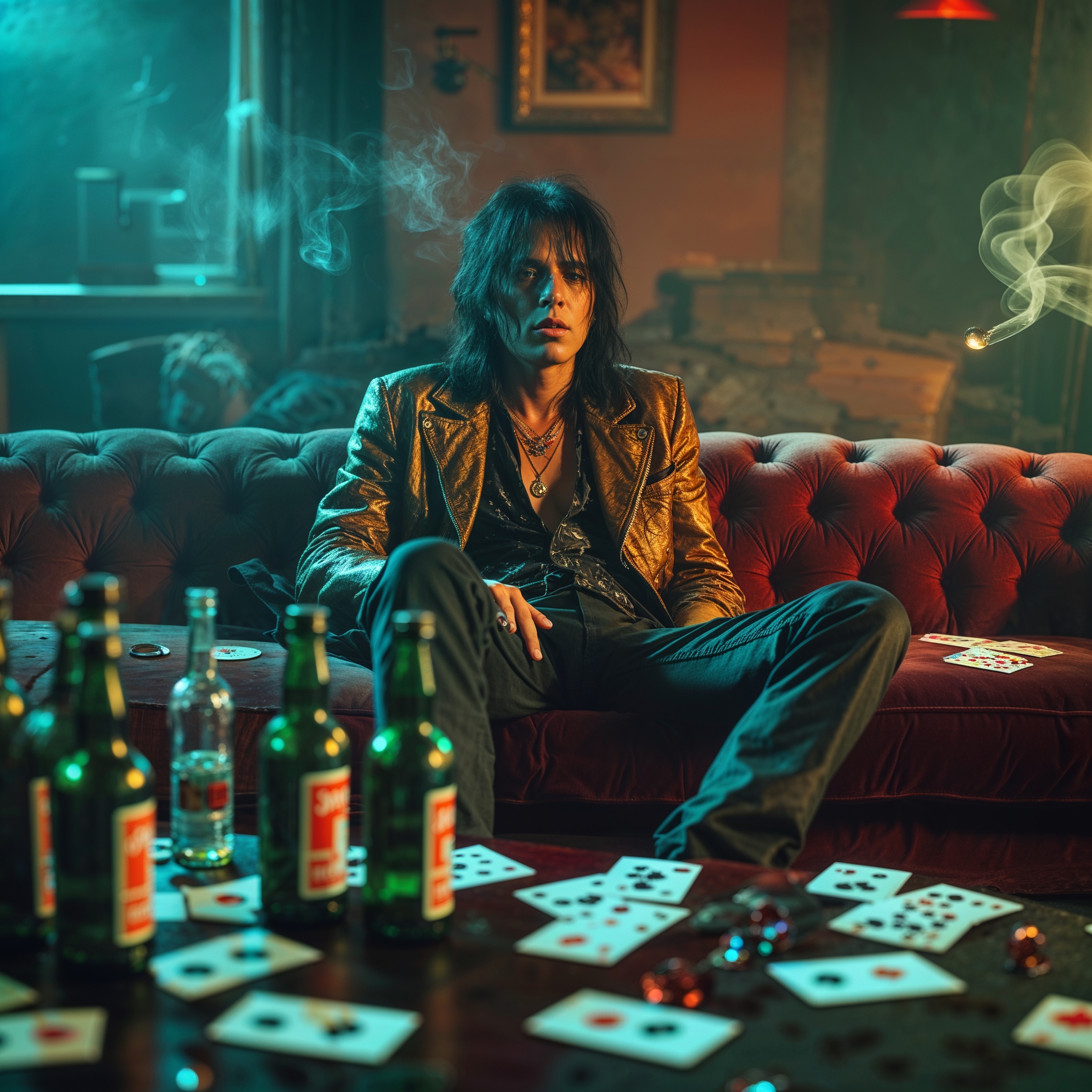 A dimly lit, cinematic scene of a disheveled rock star sitting on a plush, velvet couch, surrounded by empty bottles, scattered playing cards, and faded cigarette smoke, with a shallow depth of field, vignette, and bokeh effects, shot on Kodak Porta 400 or Cinestill 800 film with a Leica M10 camera, featuring a color grading style reminiscent of Maciej Kuciara and Jama Jurabaev's works, with a filmic, cinematic color palette and dramatic lighting, capturing the essence of a chaotic, alcohol-fueled lifestyle, with a sense of confusion and haze, and a touch of nostalgia.