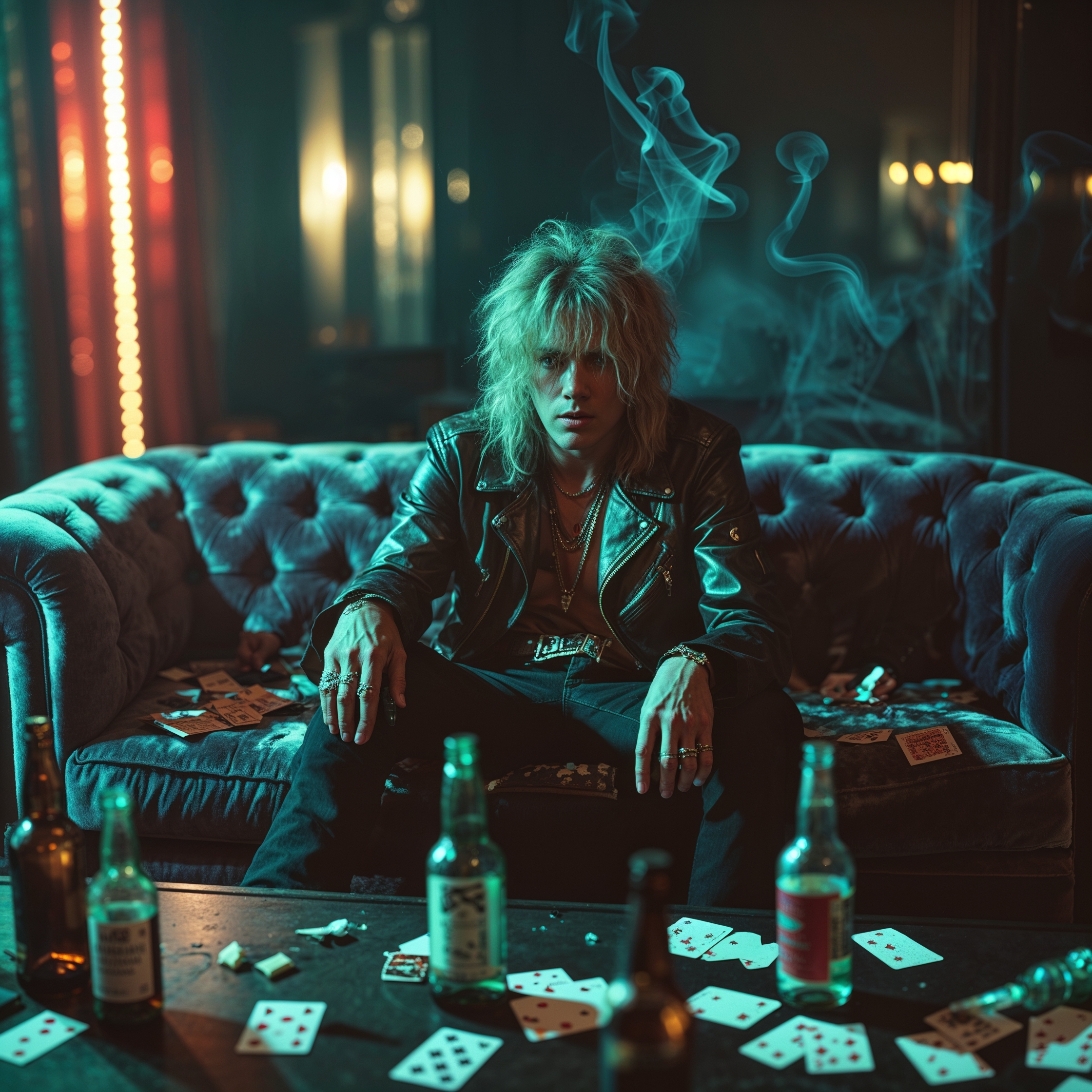 A dimly lit, cinematic scene of a disheveled rock star sitting on a plush, velvet couch, surrounded by empty bottles, scattered playing cards, and faded cigarette smoke, with a shallow depth of field, vignette, and bokeh effects, shot on Kodak Porta 400 or Cinestill 800 film with a Leica M10 camera, featuring a color grading style reminiscent of Maciej Kuciara and Jama Jurabaev's works, with a filmic, cinematic color palette and dramatic lighting, capturing the essence of a chaotic, alcohol-fueled lifestyle, with a sense of confusion and haze, and a touch of nostalgia.
