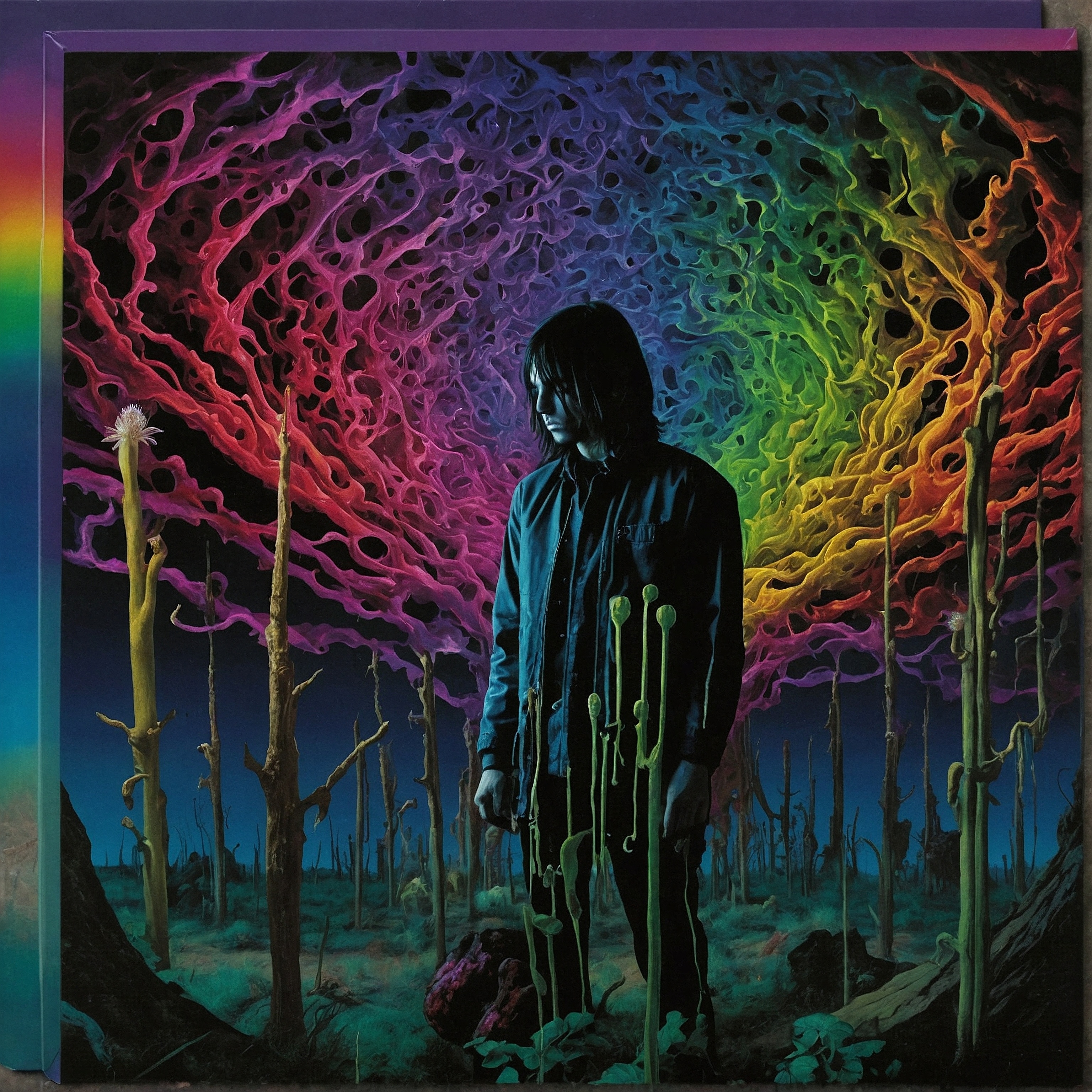 Autistic Burnout Album Cover. Depressed looking young man stands in an alternative desert with odd cactus. The sky around him looks like coral neural network. Generated by LeonardoAI.