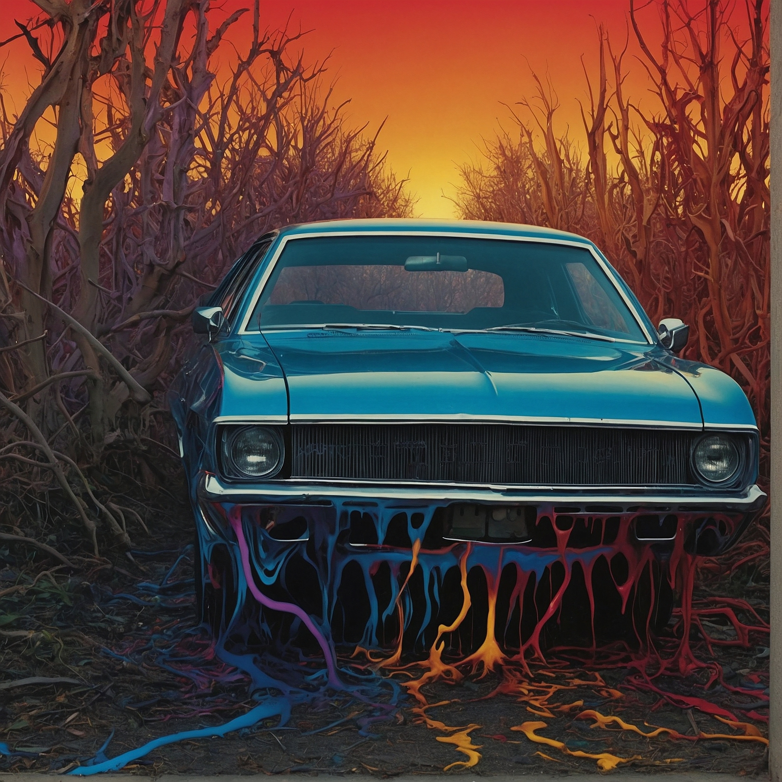 Autistic burnout album cover. An old car parked in a corn field. Rainbow colored paint is dripping from the bumper like blood. Generated by LeonardoAI.