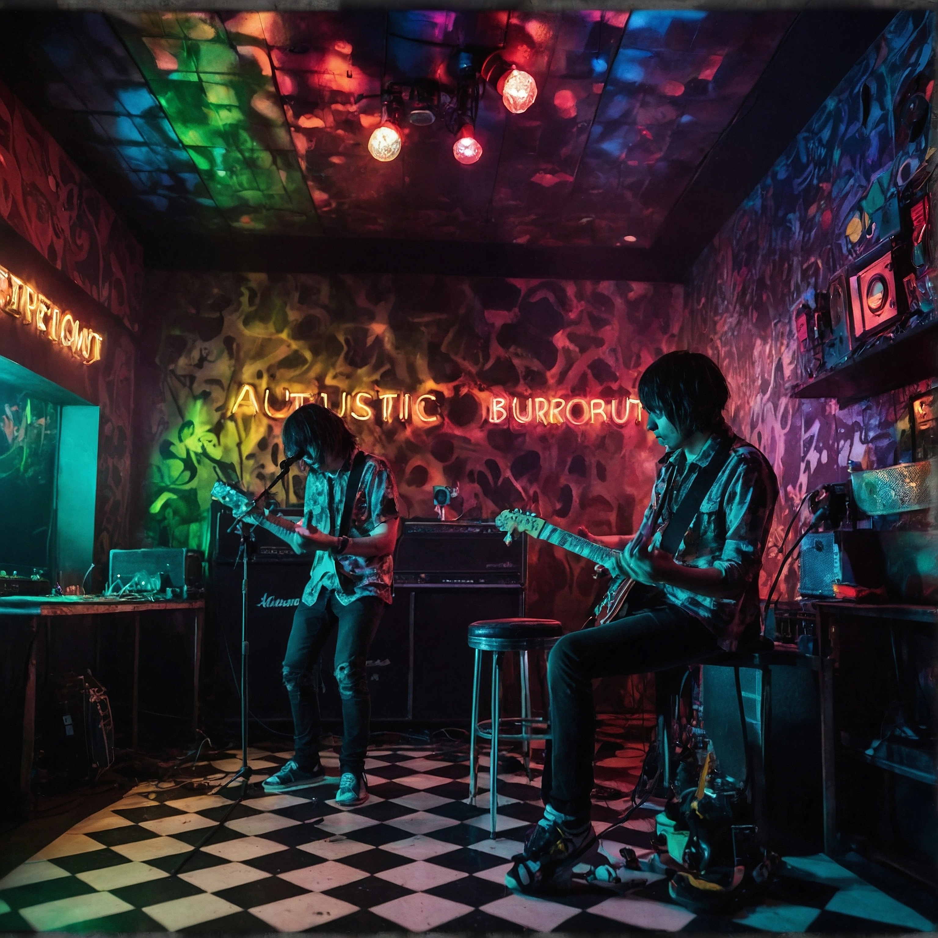 Autistic Burnout plays a live club. Vibrant. Musicians. Generated by LeonardoAI.