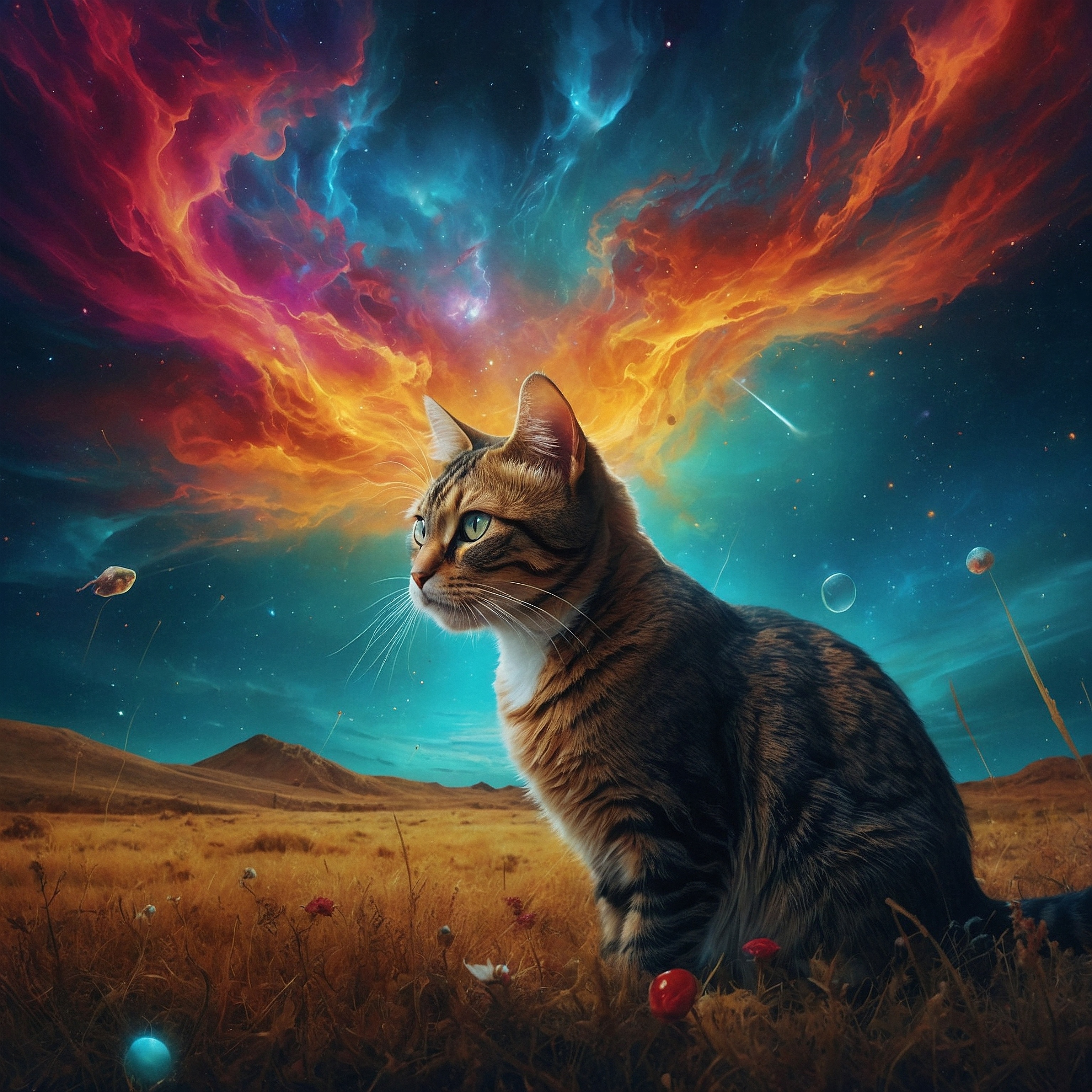 A fantasy image of a photo-real cat surrounded by multi-colored fantasy cosmos.